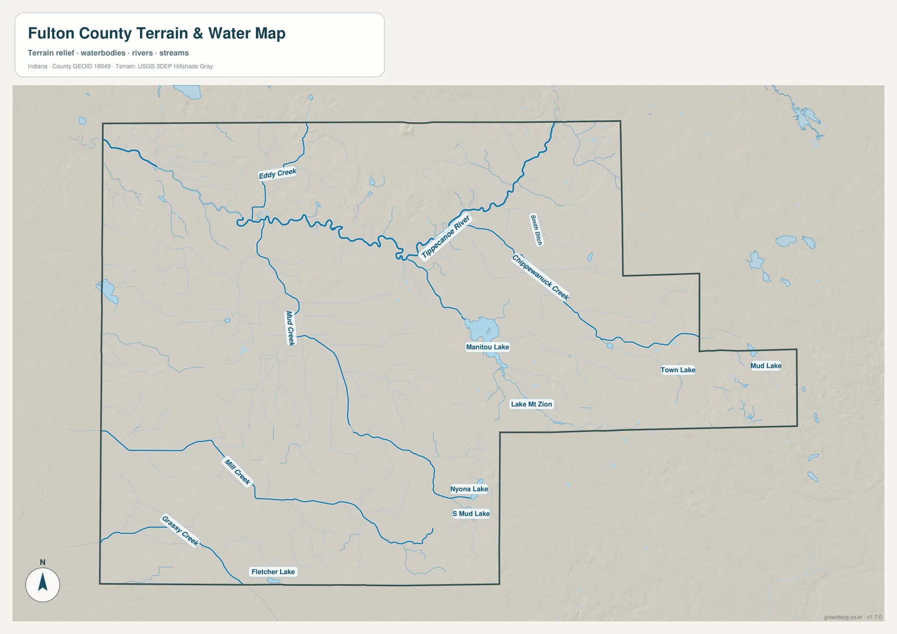 Fulton County 수역·지형 지도에 Tippecanoe River, Eddy Creek, Manitou Lake, Nyona Lake, Town Lake와 여러 지류가 표시된 모습
