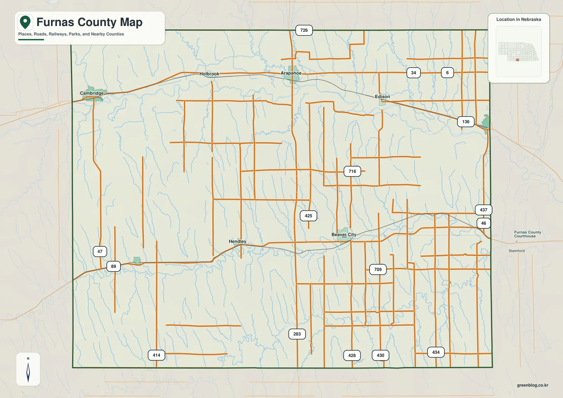 Cambridge, Holbrook, Arapahoe, Edison, Beaver City와 주요 도로를 보여 주는 Furnas County 지도
