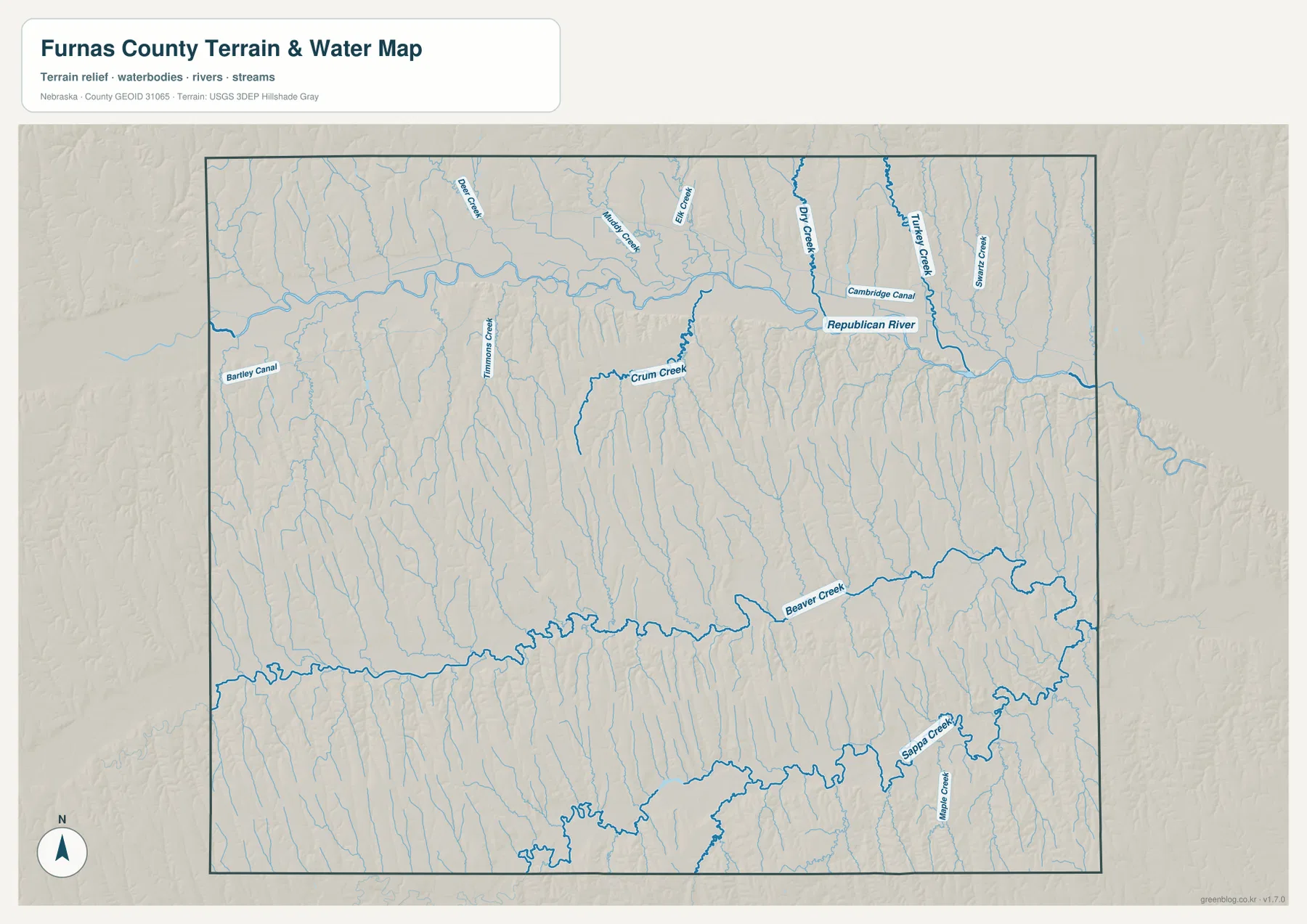 Republican River, Bear Creek, Muddy Creek, Elk Creek, Dry Creek, Turkey Creek, Beaver Creek, Sappa Creek와 canal을 보여 주는 Furnas County 수역 지도