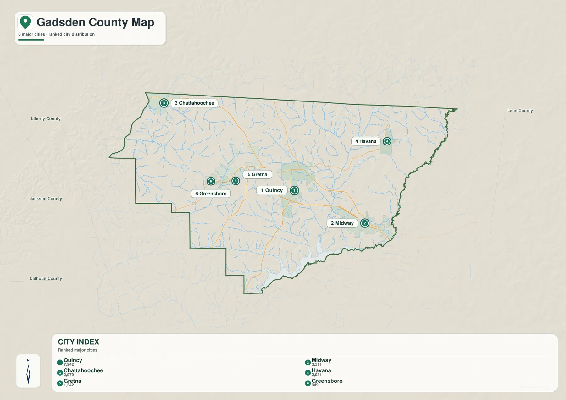 Quincy, Midway, Chattahoochee, Havana, Gretna, Greensboro를 표시한 Gadsden County 도시 지도