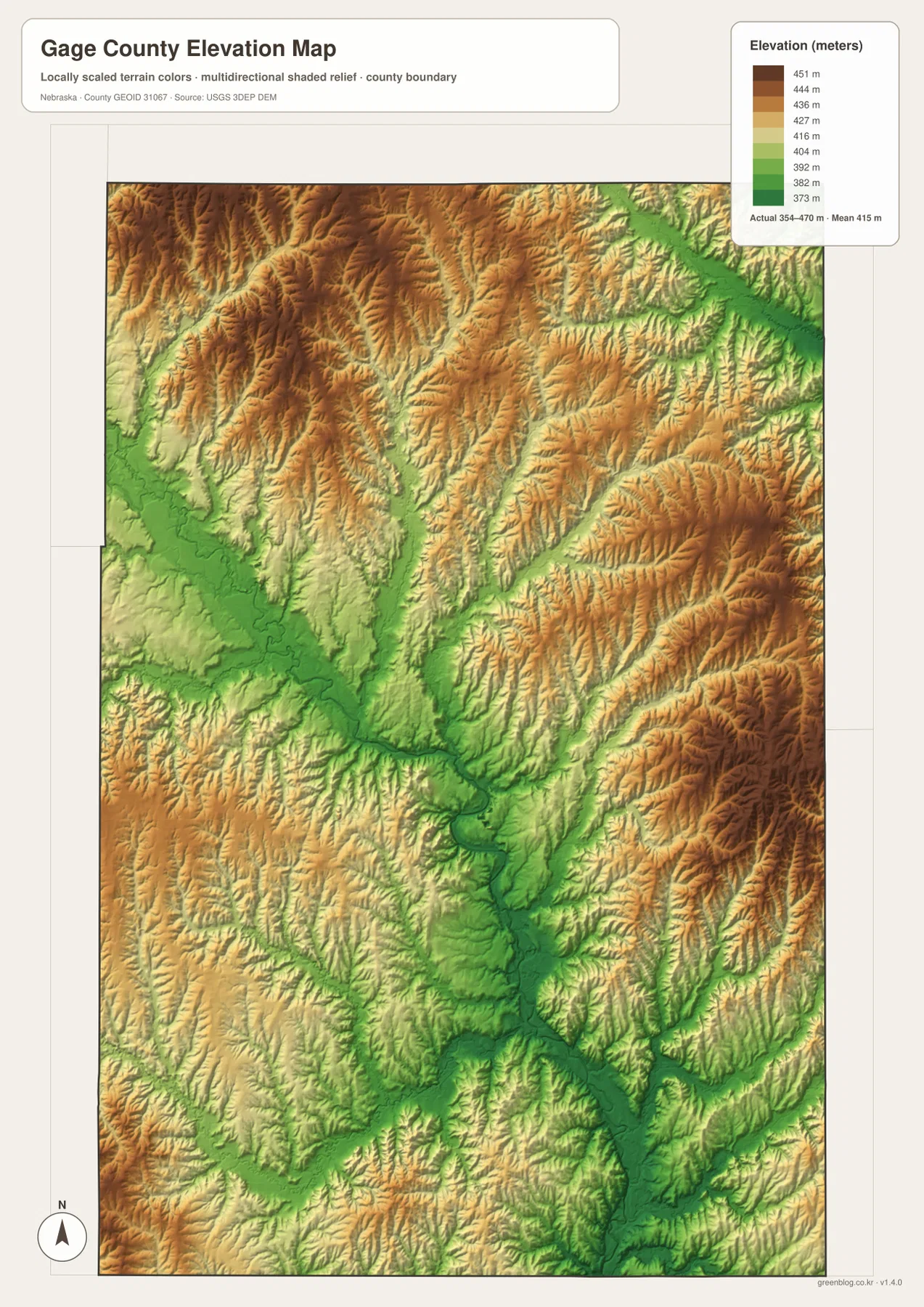 Gage County elevation map showing the low Big Blue River and tributary valleys surrounded by higher northern and eastern ridges