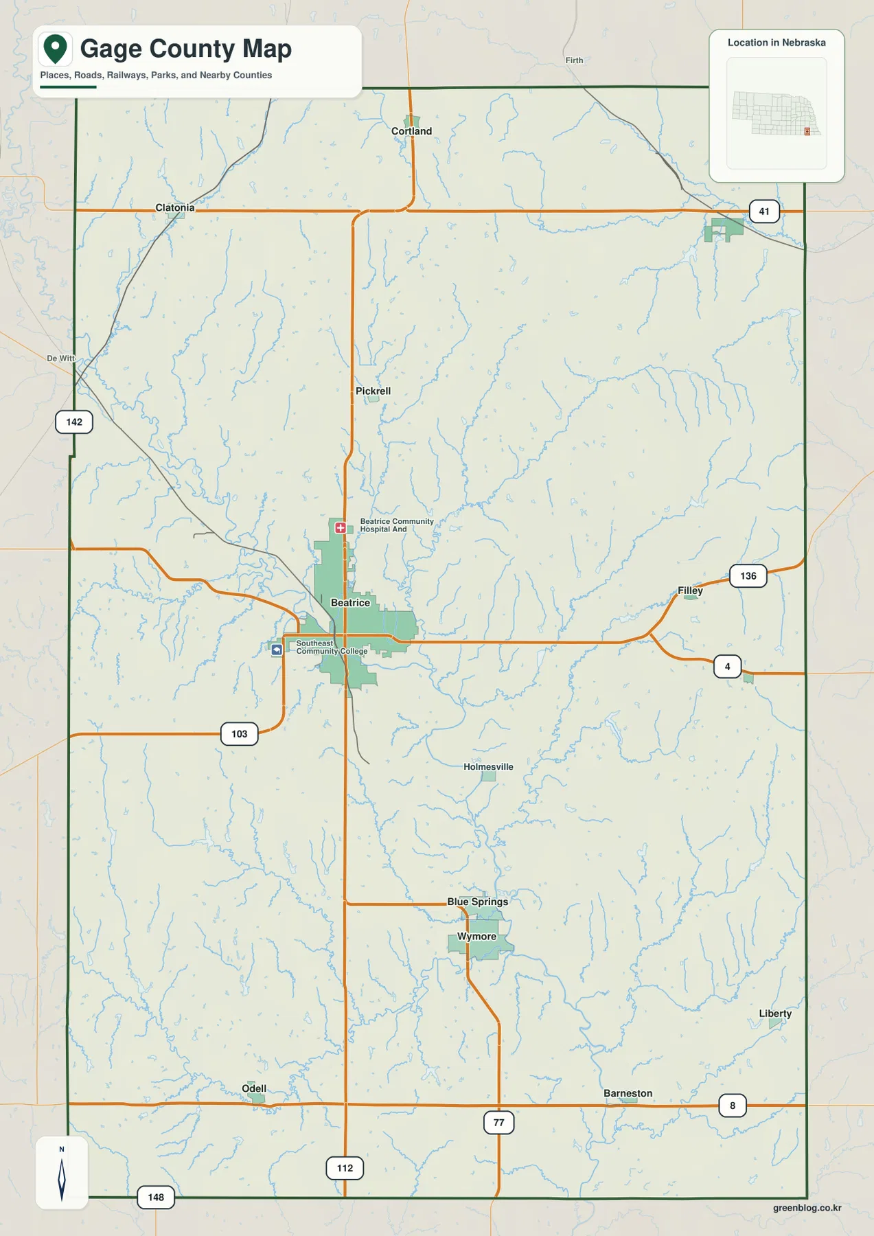 Gage County Nebraska map showing Beatrice, Wymore, Blue Springs, Cortland, Clatonia, Filley, highways, railways, streams, and county boundaries