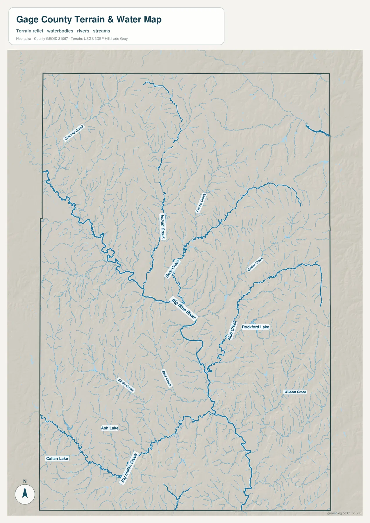 Gage County water map showing Big Blue River, Indian Creek, Bear Creek, Turkey Creek, Cedar Creek, Mud Creek, Big Indian Creek, Rockford Lake, Ash Lake, and Callan Lake