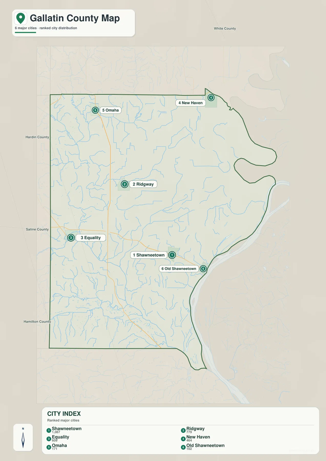 Gallatin County Illinois 도시 지도에 표시된 Shawneetown, Ridgway, Equality, New Haven, Omaha, Old Shawneetown 순위
