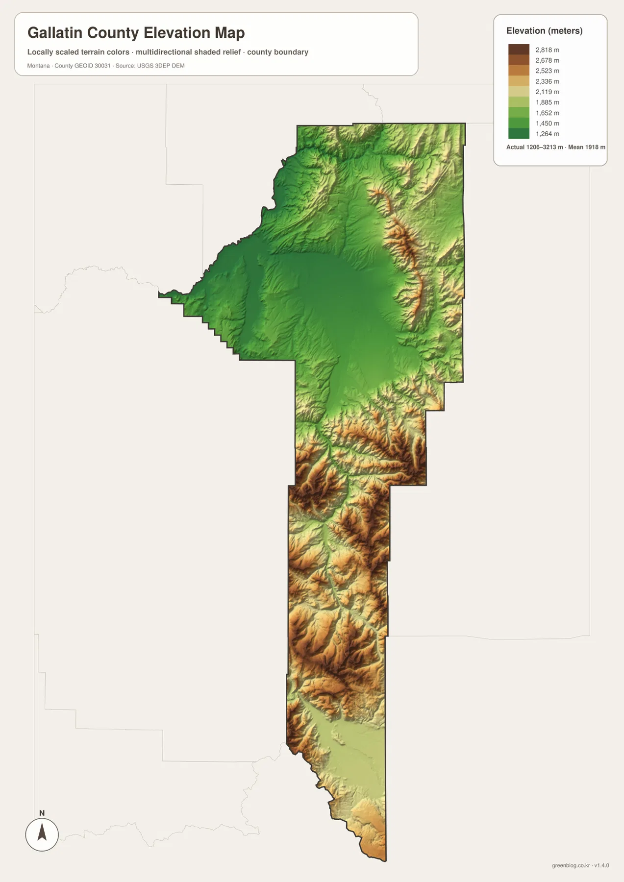 1206~3213m 실제 고도 범위와 평균 1918m를 표시한 Gallatin County 고도 지도