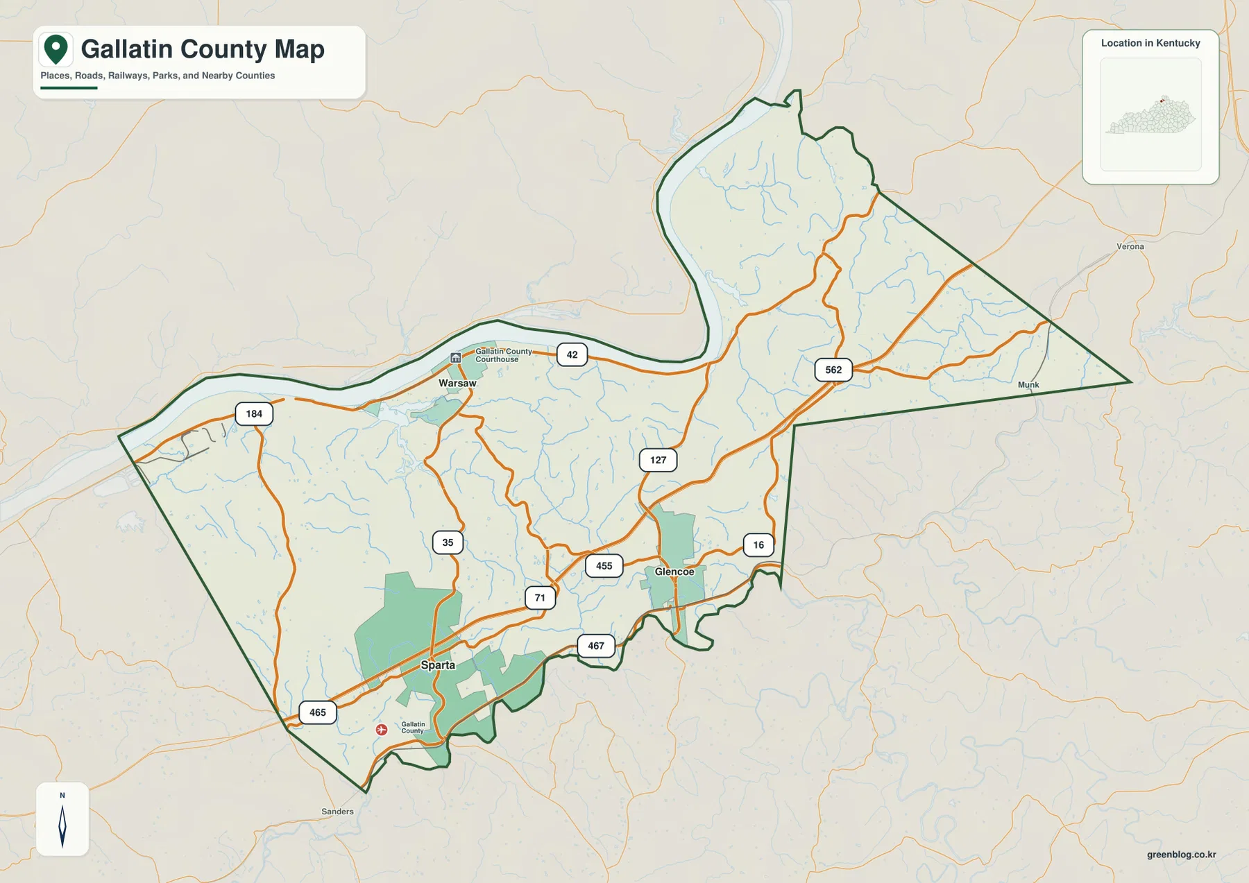 Warsaw와 Glencoe, Sparta, Ohio River, U.S. 42와 I-71이 표시된 켄터키주 갤러틴 카운티 지도