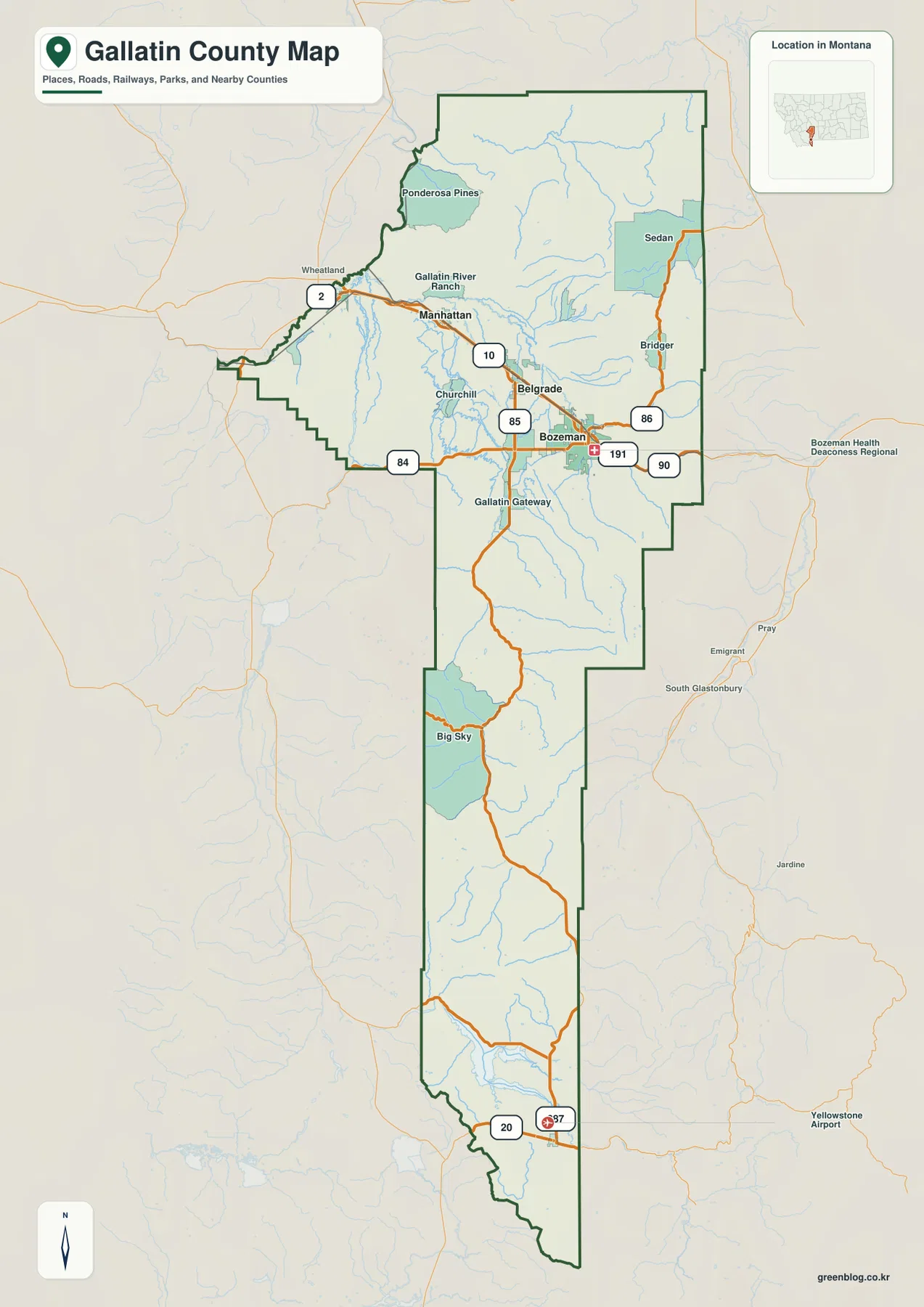 Bozeman, Belgrade, Manhattan, Big Sky, West Yellowstone과 주요 도로를 표시한 Gallatin County 지도