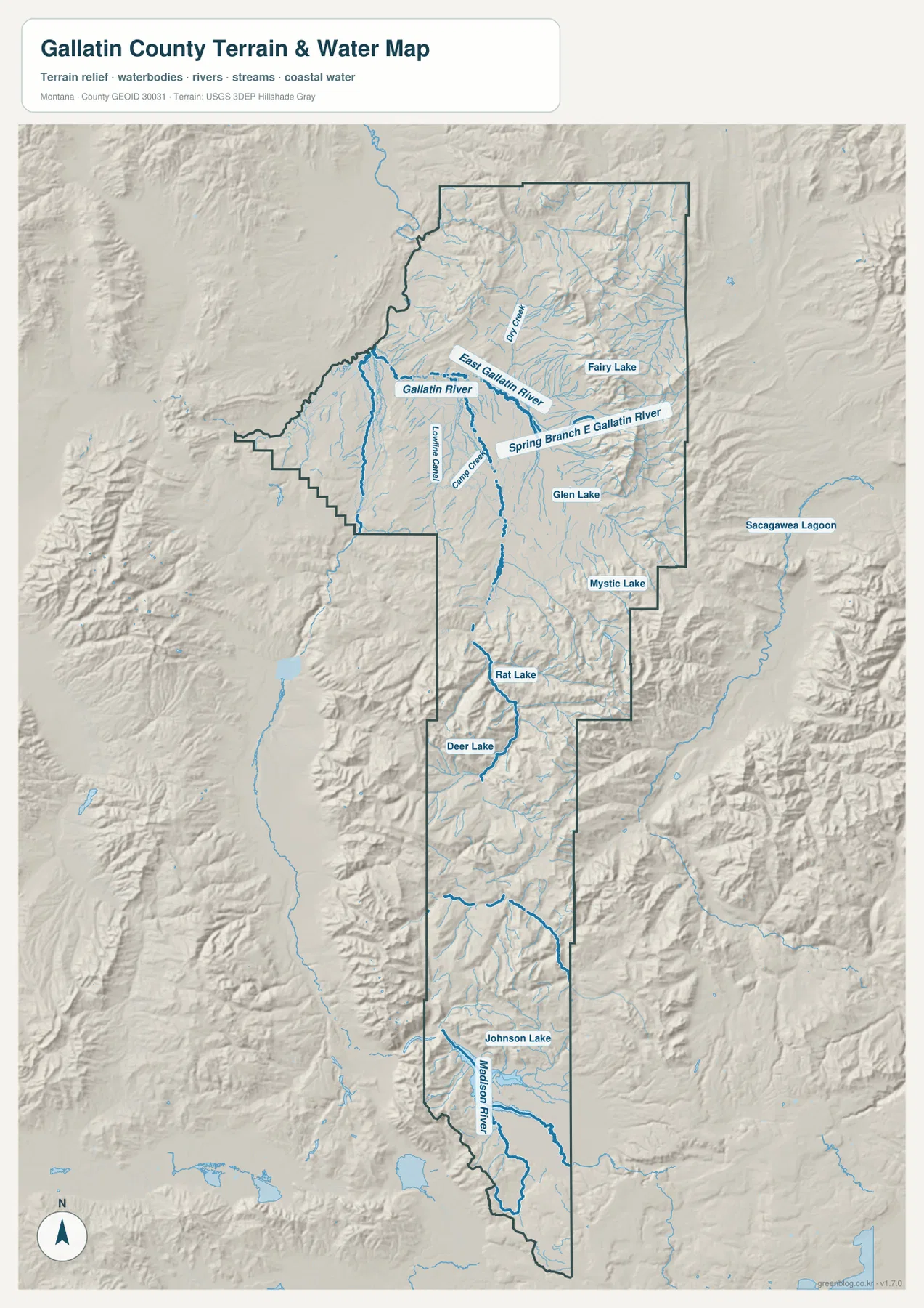 Gallatin River, East Gallatin River, Madison River, Fairy Lake와 Mystic Lake를 표시한 Gallatin County 수역 지형 지도