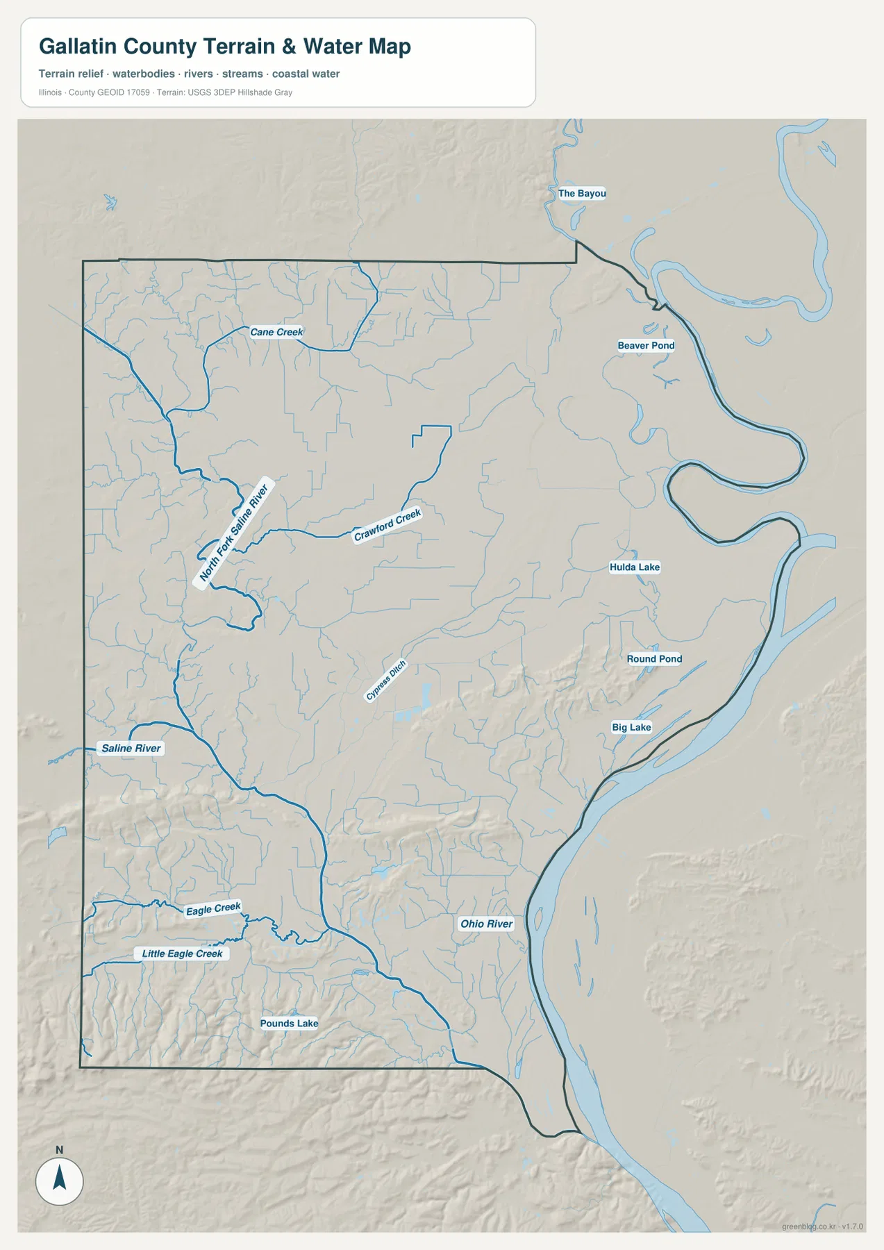 Gallatin County Illinois 수역 지도에 표시된 Ohio River, Saline River, North Fork Saline River와 주요 호수