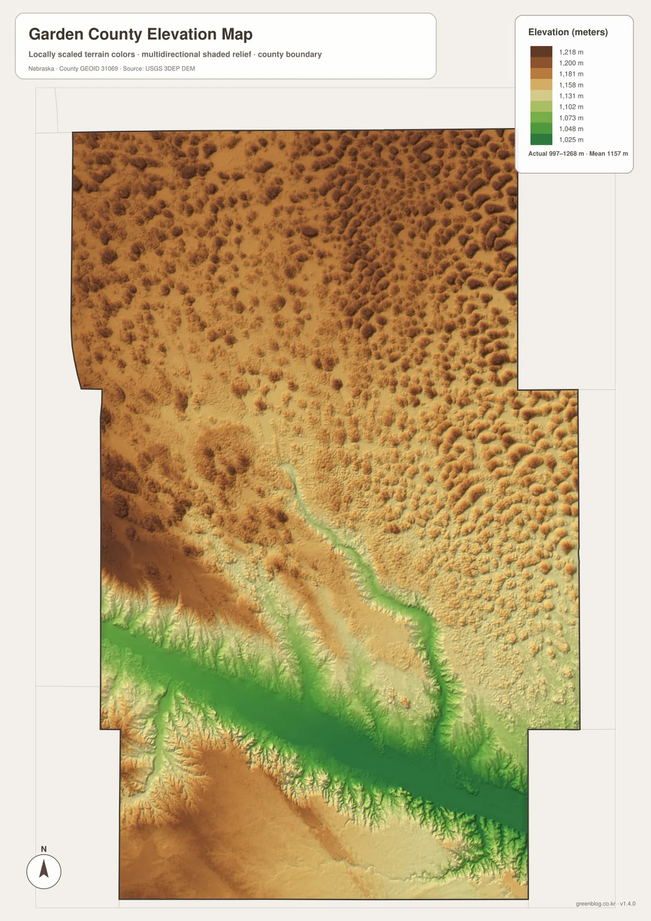 Garden County elevation map showing the low North Platte River valley and higher northern Sandhills and surrounding uplands