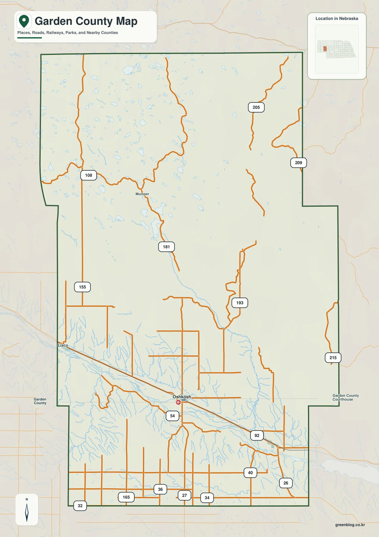 Garden County Nebraska map showing Oshkosh, Lewellen, Lisco, U.S. 26, Nebraska Highways 27 and 92, local roads, railways, streams, and county boundaries