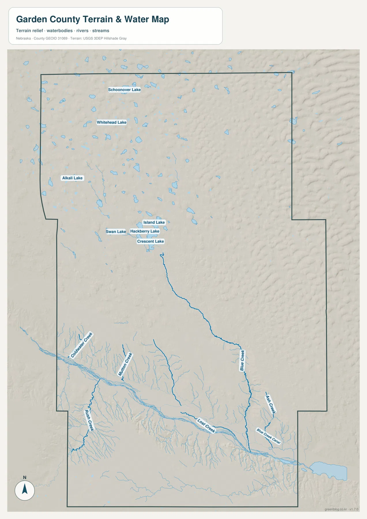 Garden County water map showing North Platte River, Crescent Lake, Island Lake, Hackberry Lake, Whitehead Lake, Schoonover Lake, Blue Creek, Ash Creek, and tributaries