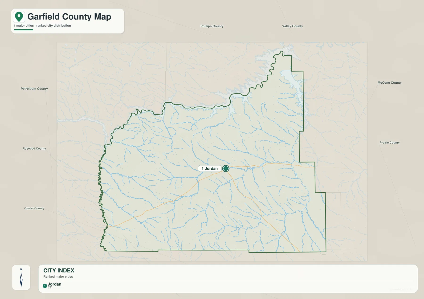Jordan 한 곳을 주요 도시로 표시한 Garfield County 도시 지도
