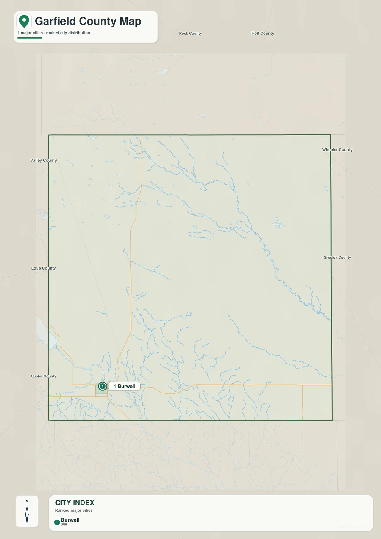Garfield County city distribution map showing Burwell as the only ranked major community