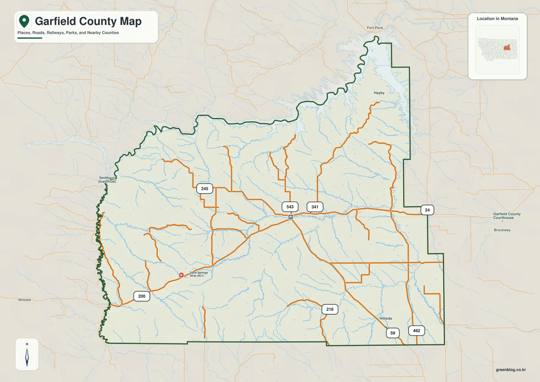 Jordan, Route 200, Route 24, Route 59와 주요 지방도로를 표시한 몬태나주 Garfield County 지도