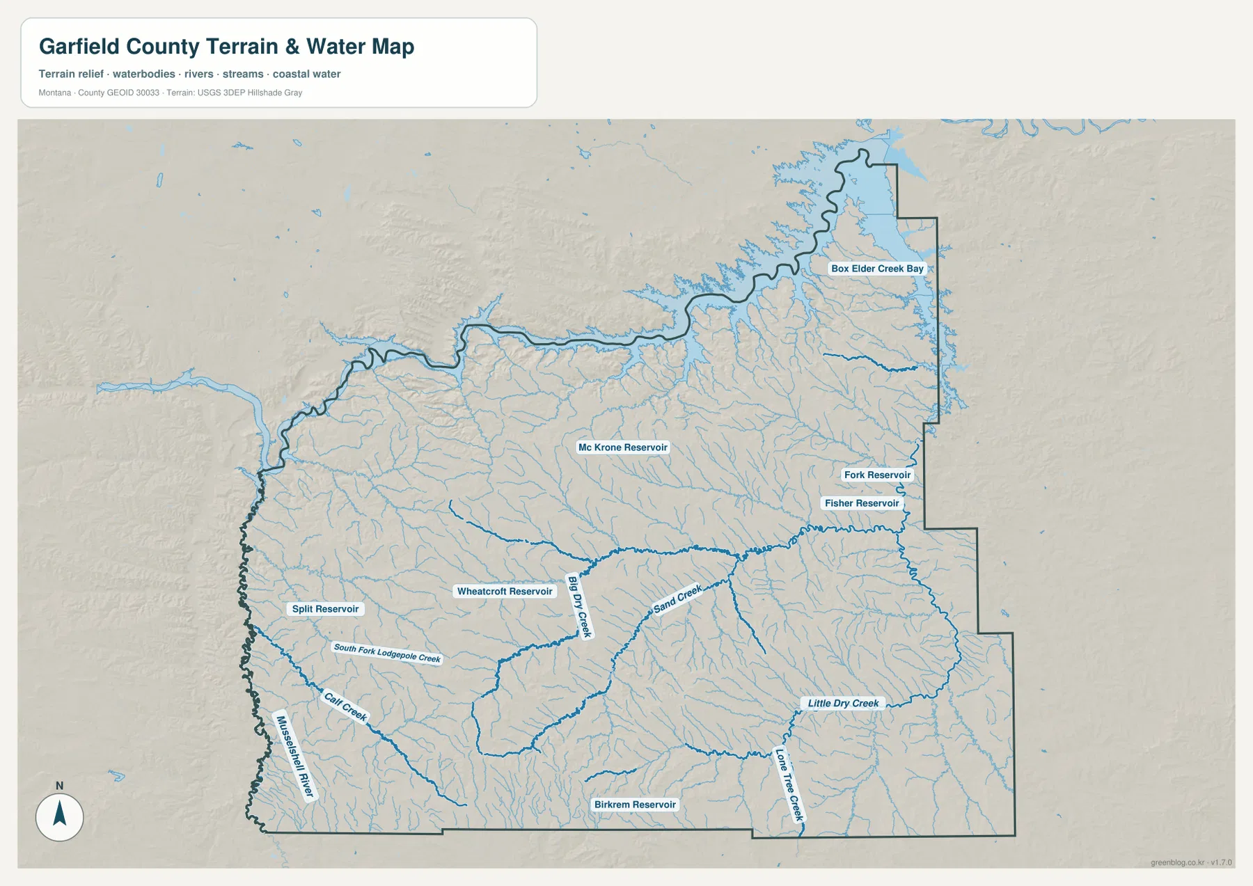 Big Dry Creek, Sand Creek, Musselshell River와 여러 저수지를 표시한 Garfield County 수역 지형 지도