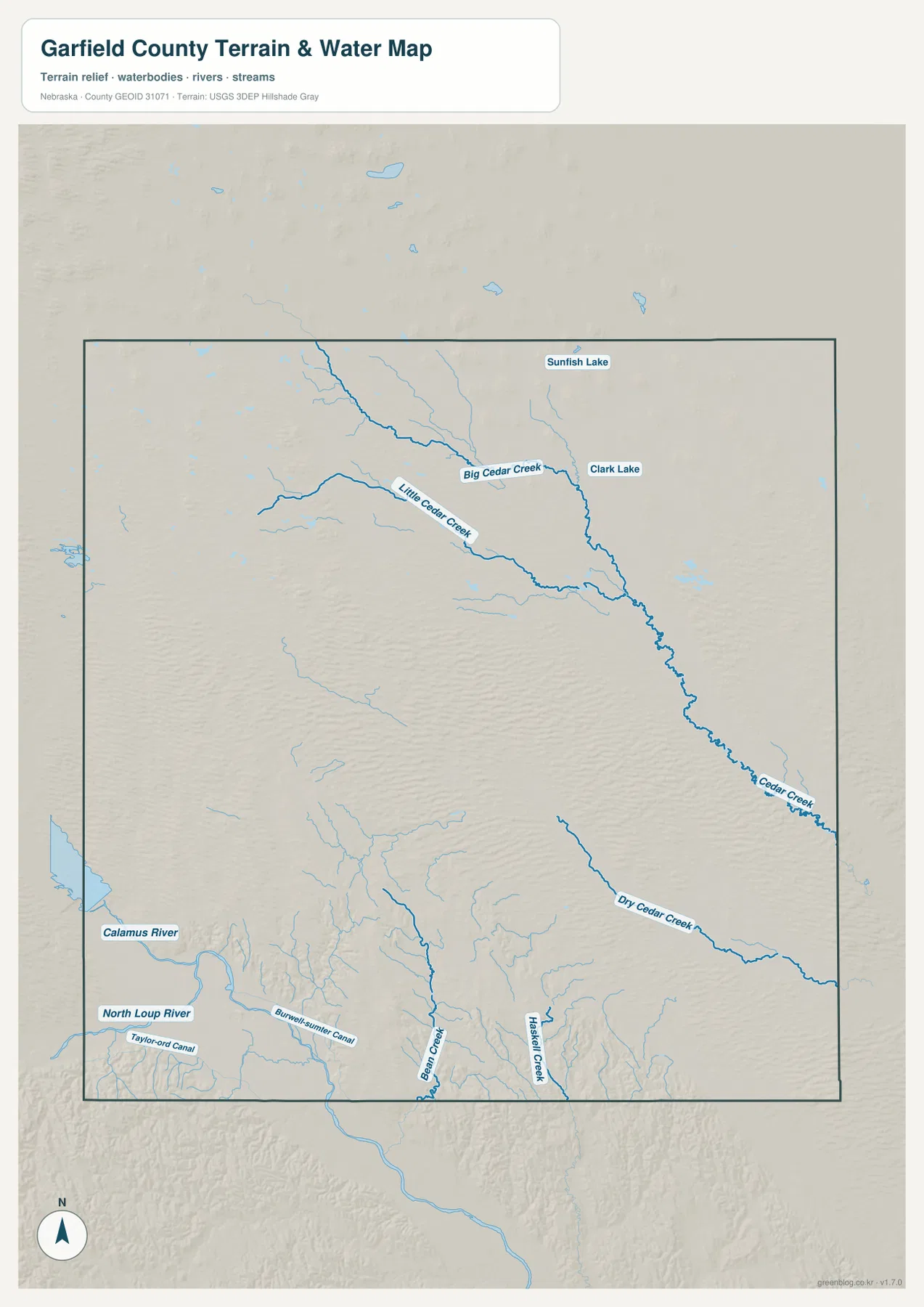 Garfield County water map showing Big Cedar Creek, Little Cedar Creek, Cedar Creek, Dry Cedar Creek, North Loup River, Calamus River, Sunfish Lake, Clark Lake, and canals