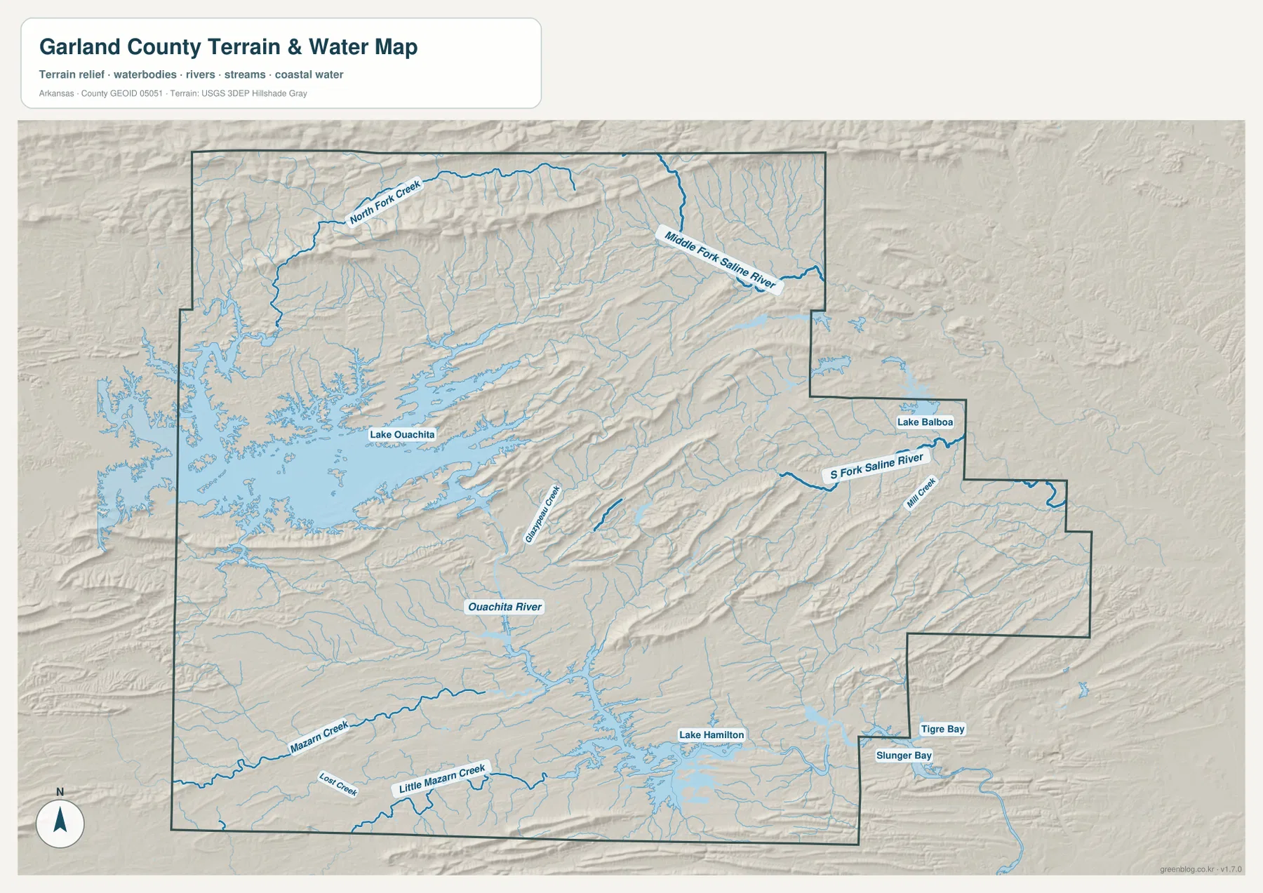 Lake Ouachita, Lake Hamilton, Lake Balboa, Ouachita River와 Saline River 지류를 표시한 갈랜드 카운티 수역 지형 지도