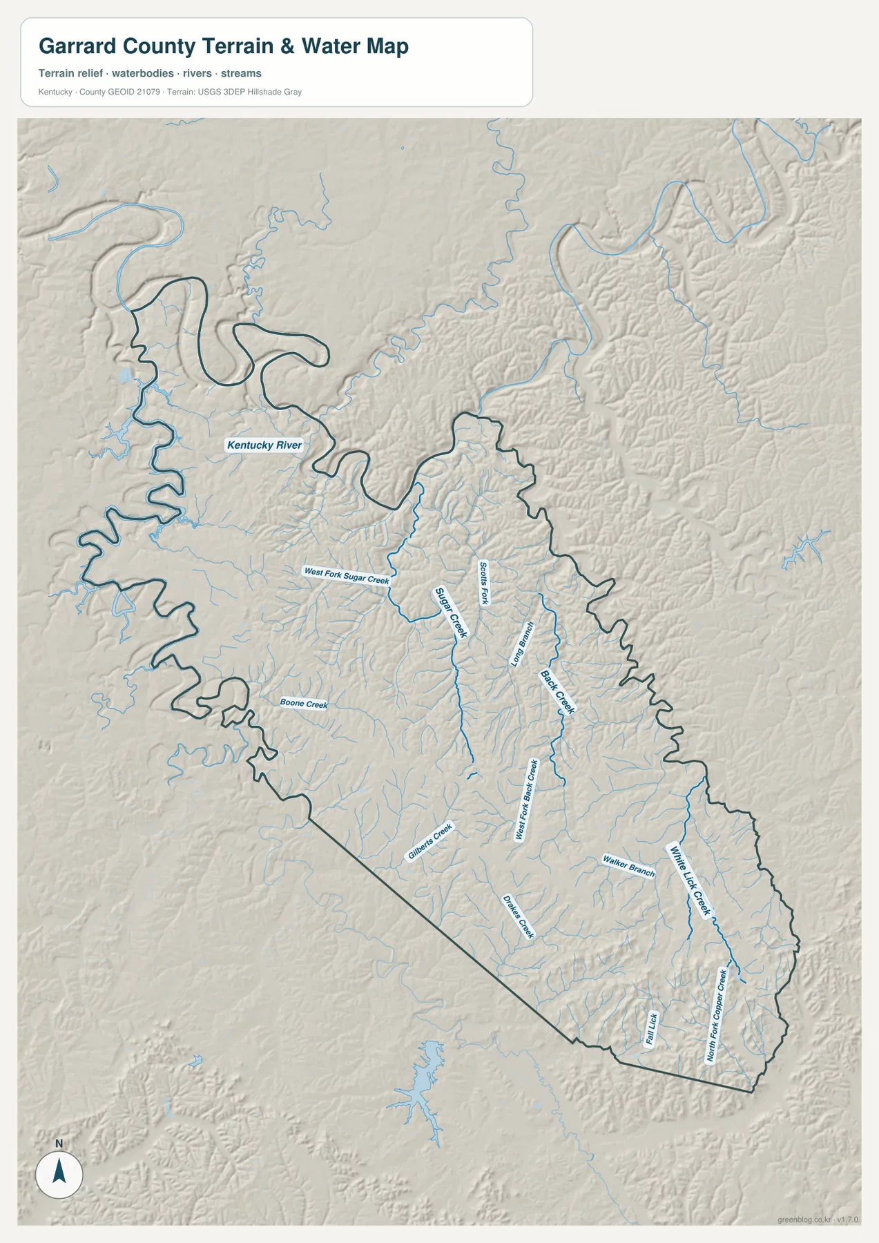 Kentucky River와 Sugar Creek, Scotts Fork, Paint Lick Creek, Black Creek 등이 표시된 게러드 카운티 수역 지형 지도