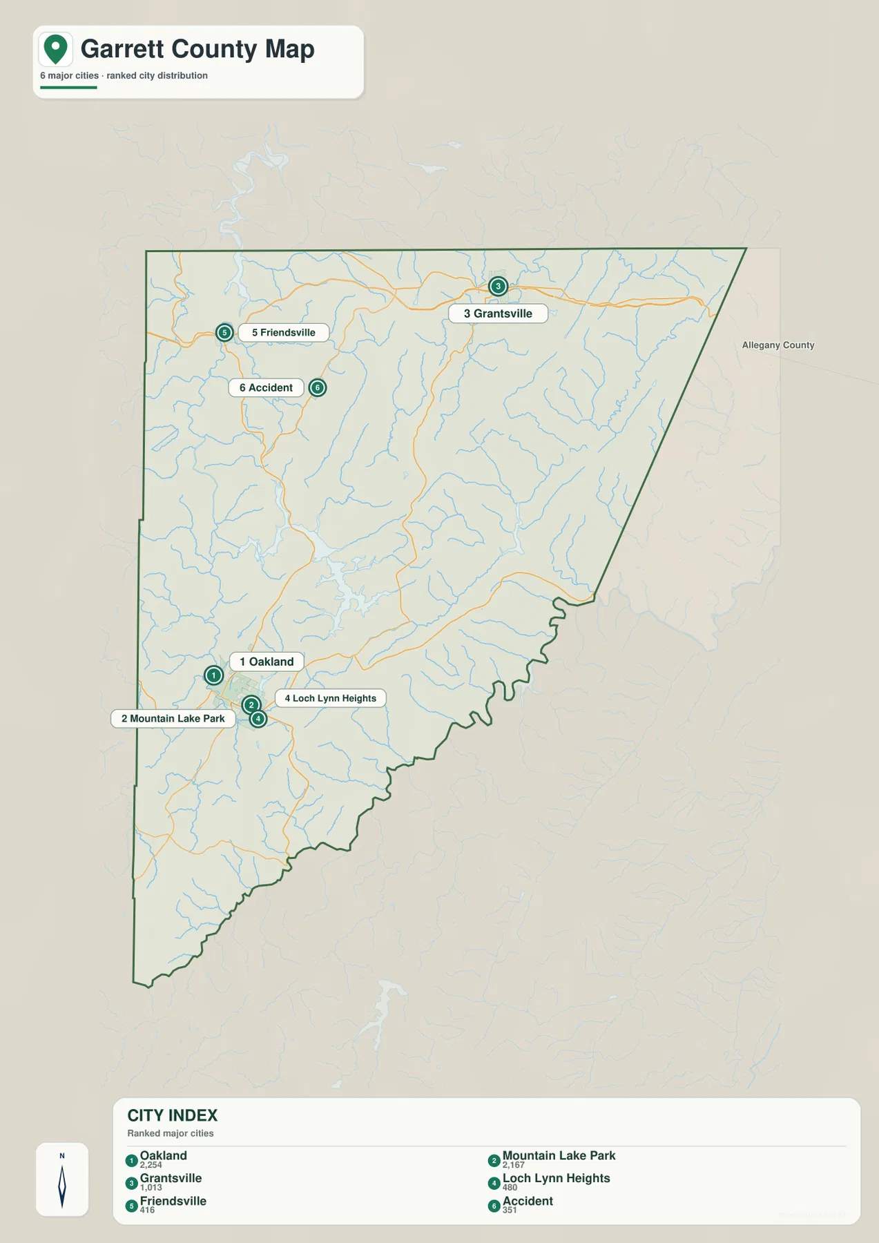 Garrett County Maryland City Index map ranking Oakland, Mountain Lake Park, Grantsville, Loch Lynn Heights, Friendsville and Accident