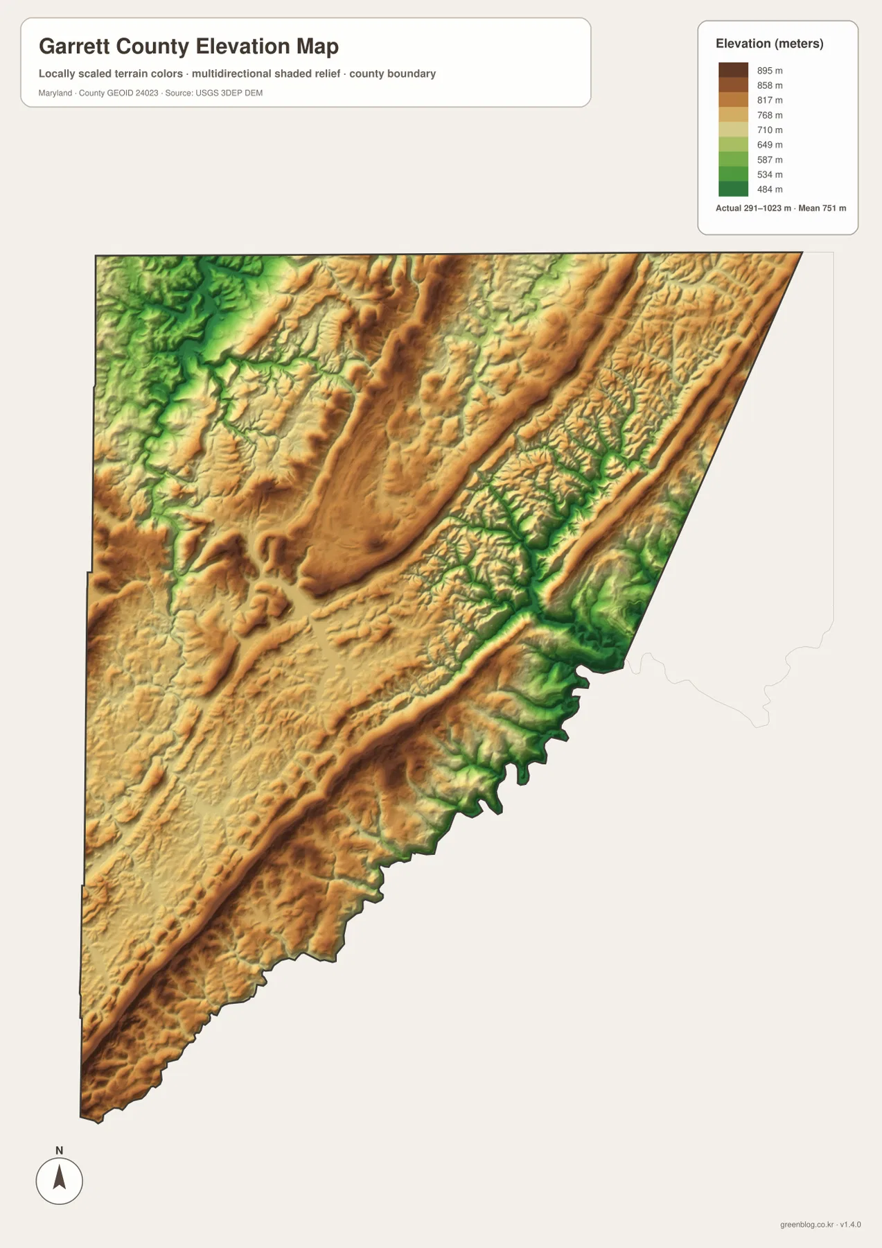 Garrett County Maryland elevation map showing high Allegheny ridges and lower valleys along the Youghiogheny, Savage and North Branch Potomac rivers
