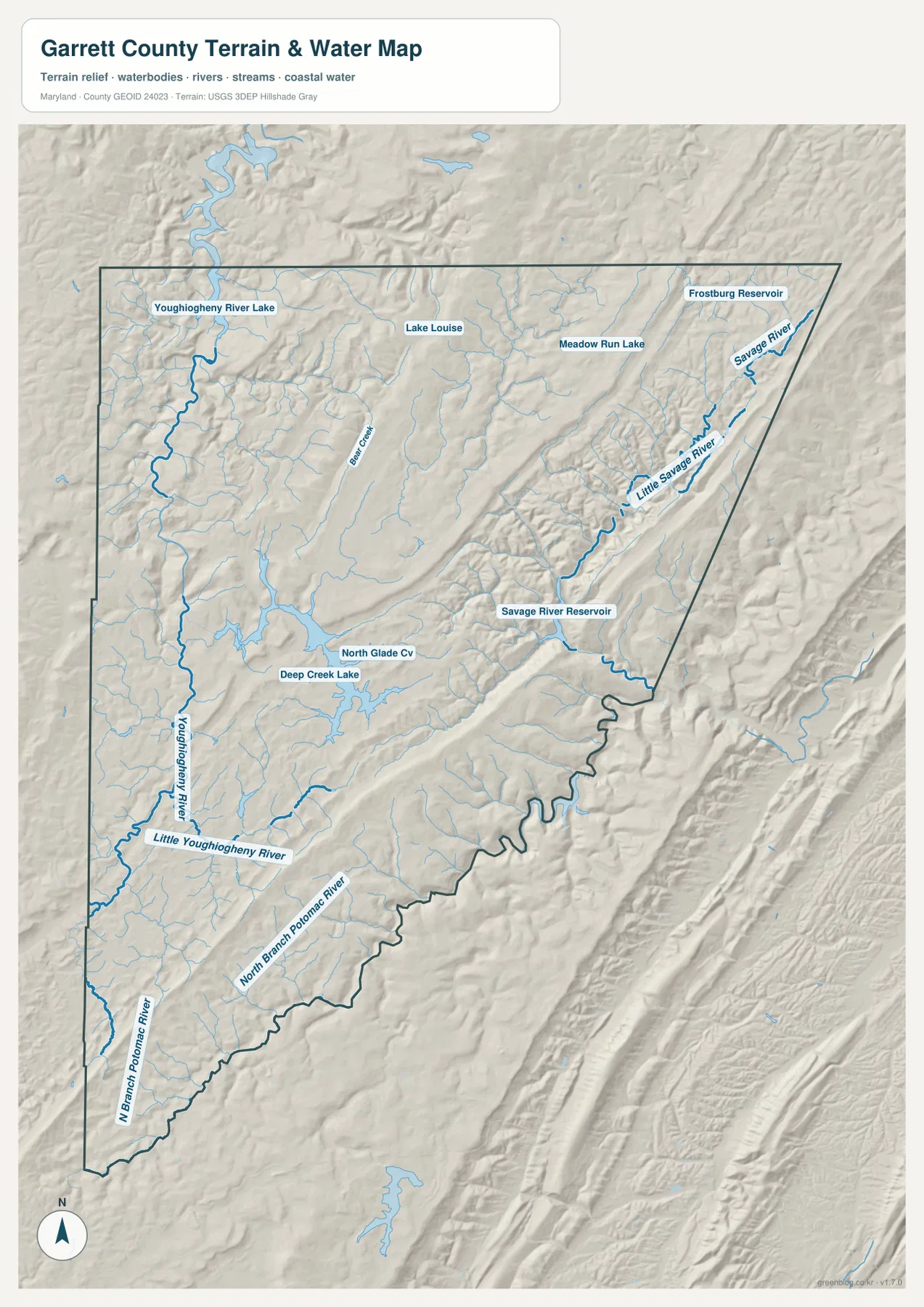 Garrett County Maryland terrain and water map showing Deep Creek Lake, Youghiogheny River, Youghiogheny River Lake, Savage River, Savage River Reservoir, Little Youghiogheny River and North Branch Potomac River