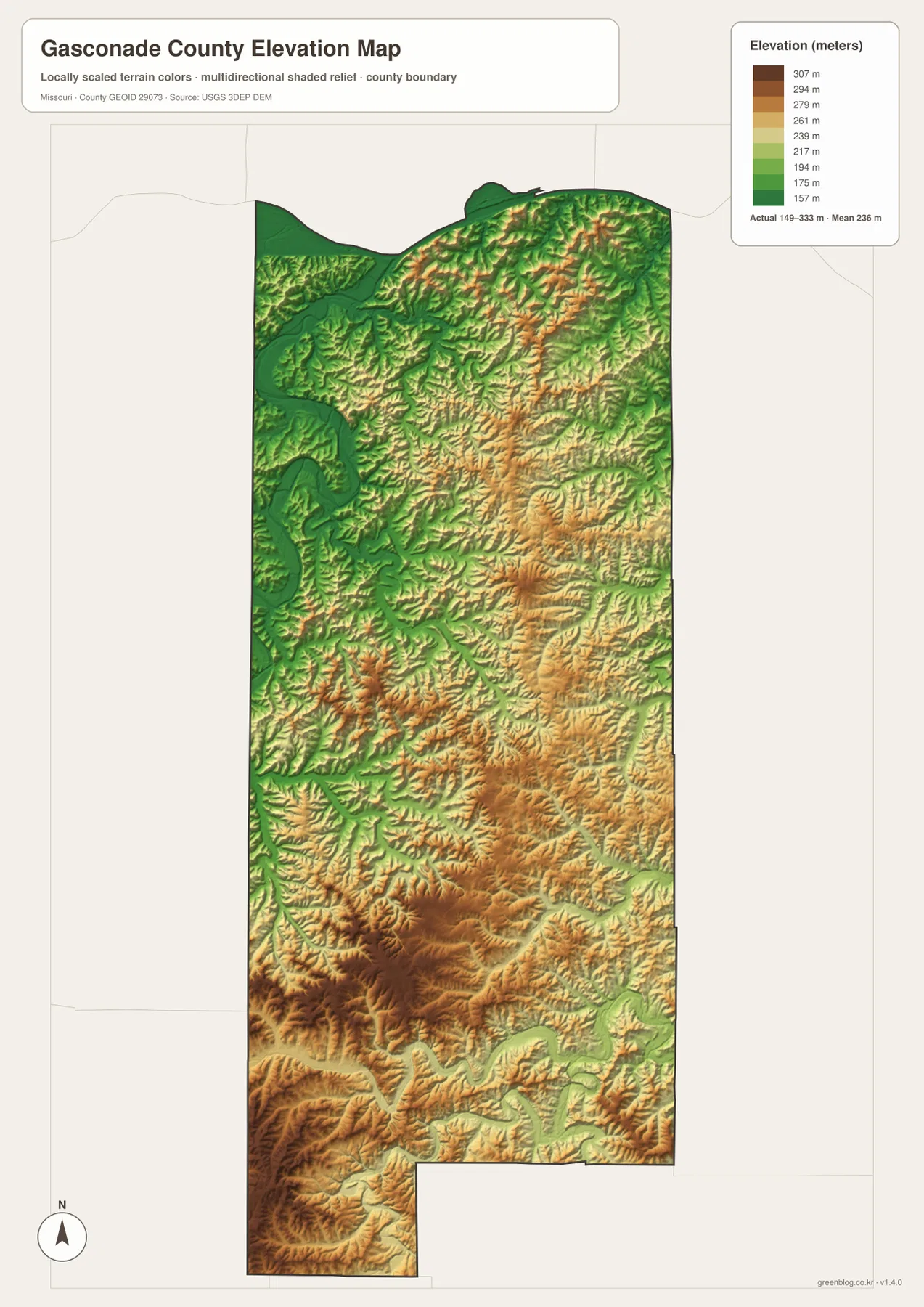 Gasconade County elevation map from 149 to 333 meters