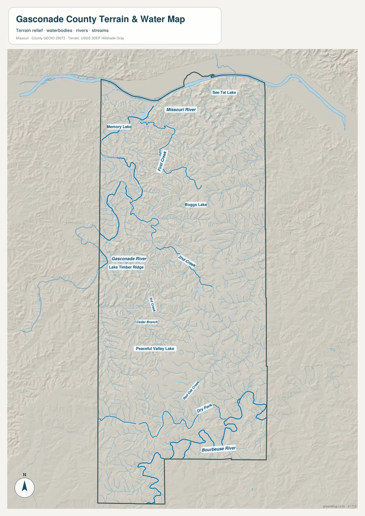 Gasconade County Missouri River and Gasconade River water map