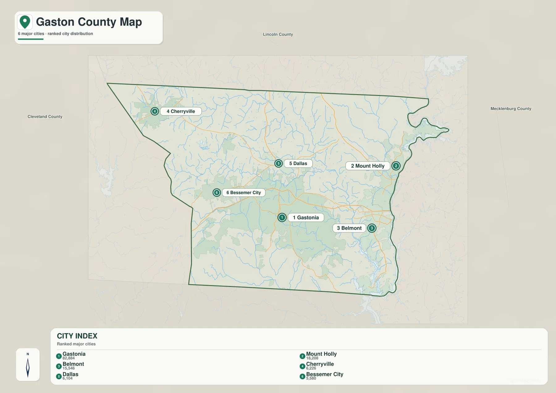 Gaston County city map with Gastonia Mount Holly Belmont Cherryville Dallas and Bessemer City