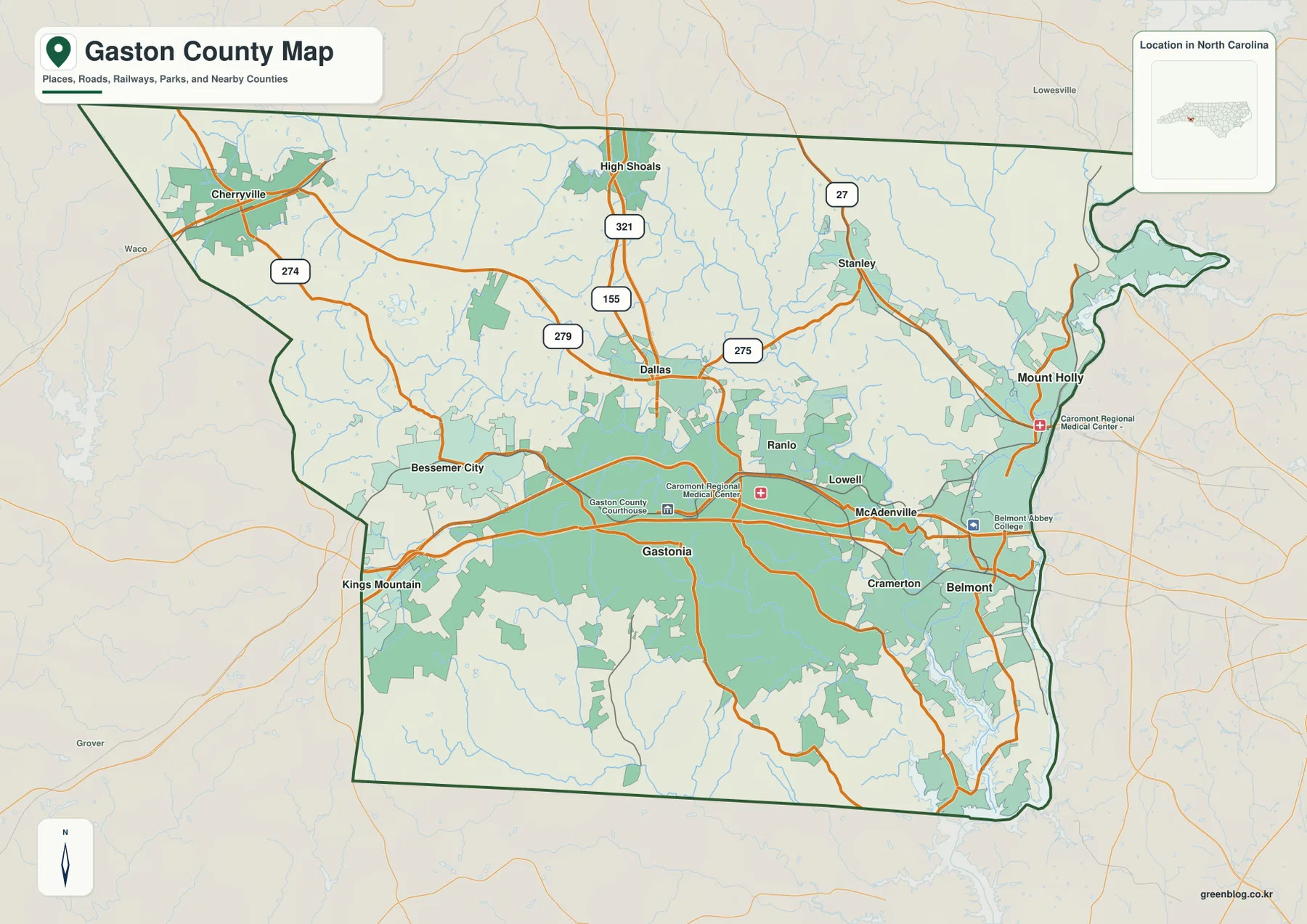 Gaston County map with Gastonia Belmont Mount Holly Dallas Cherryville Bessemer City and major roads