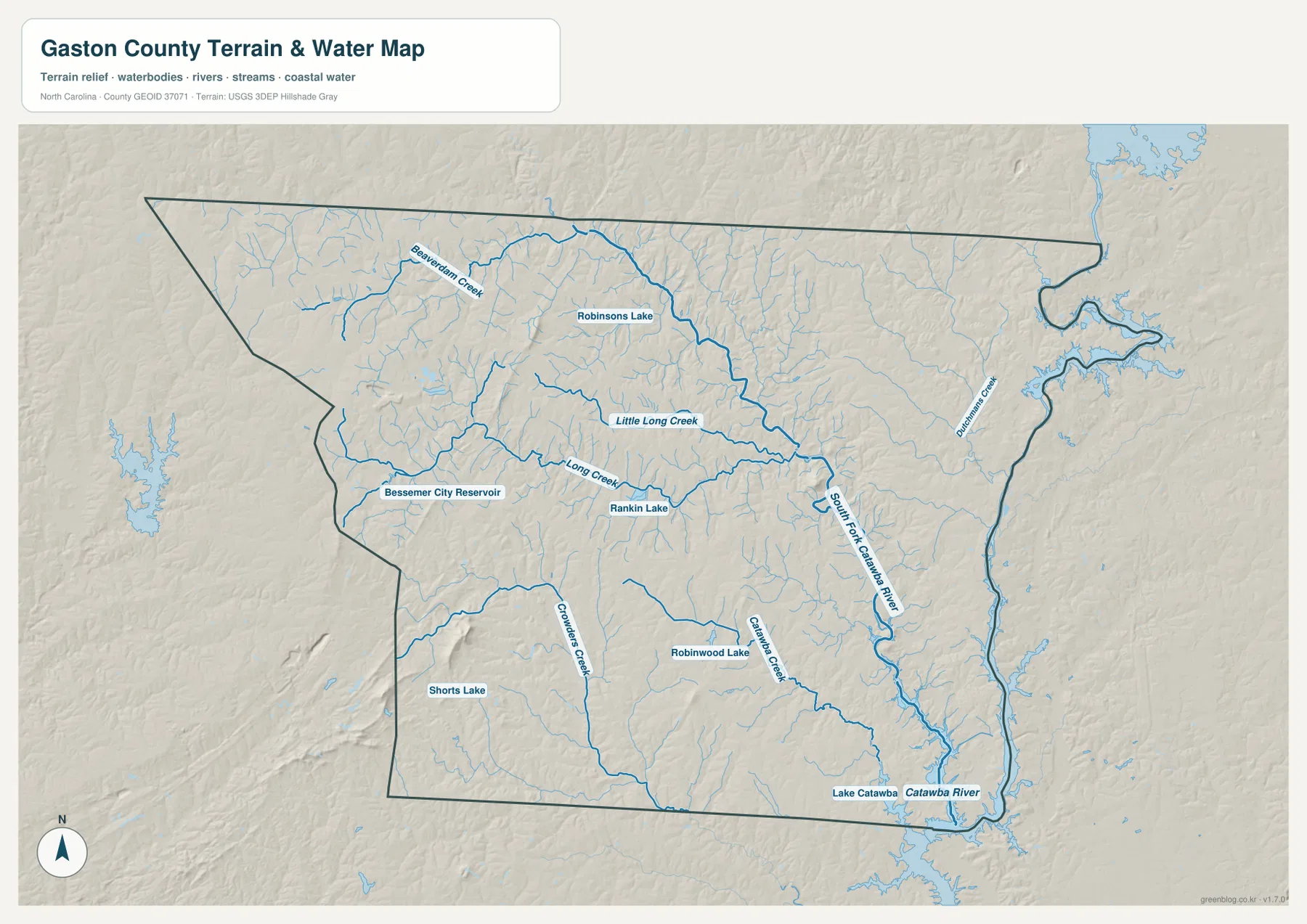 Gaston County water terrain map with Catawba River South Fork Catawba River Long Creek Crowders Creek lakes and shaded relief