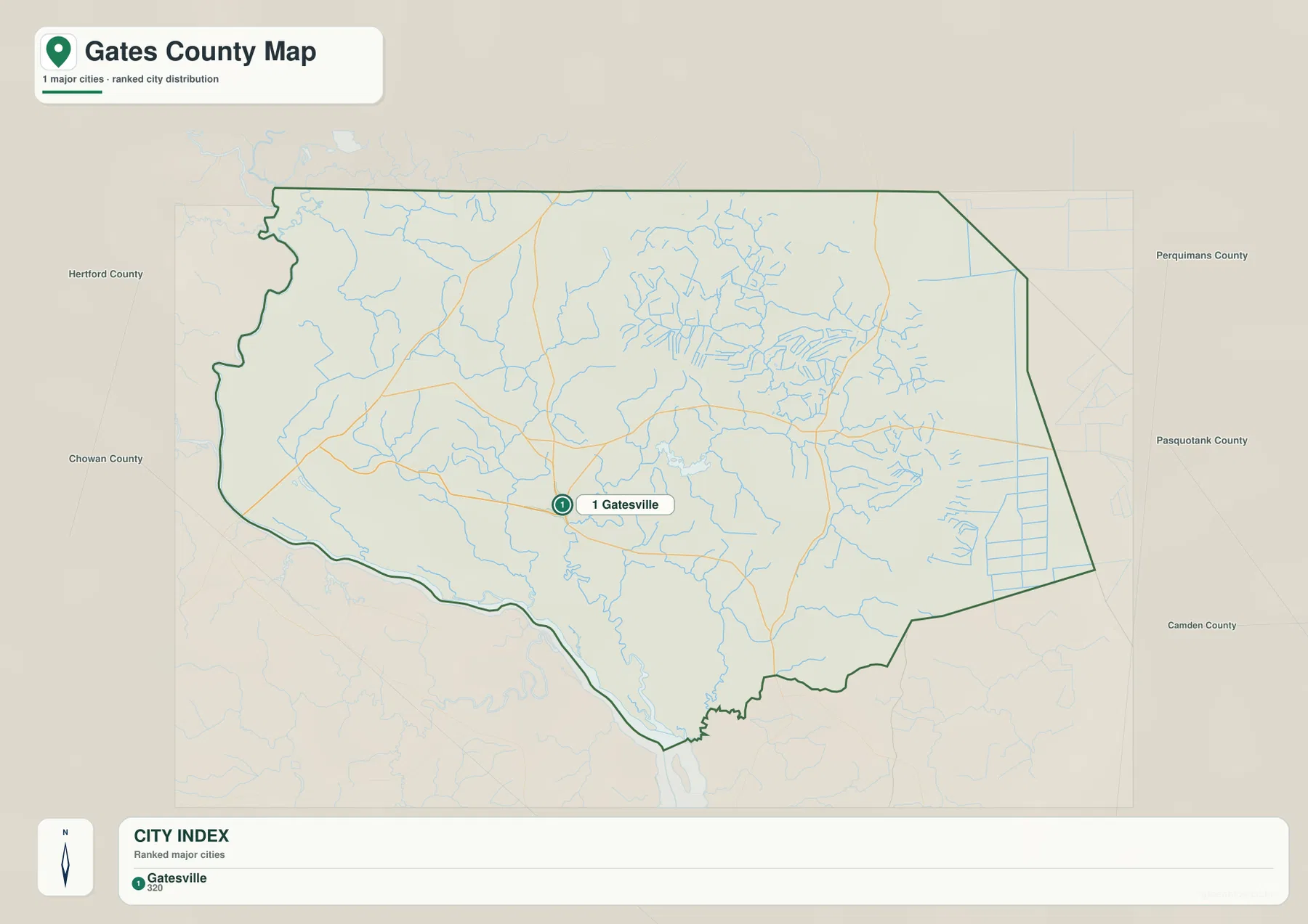 Gates County city map highlighting Gatesville and neighboring North Carolina counties