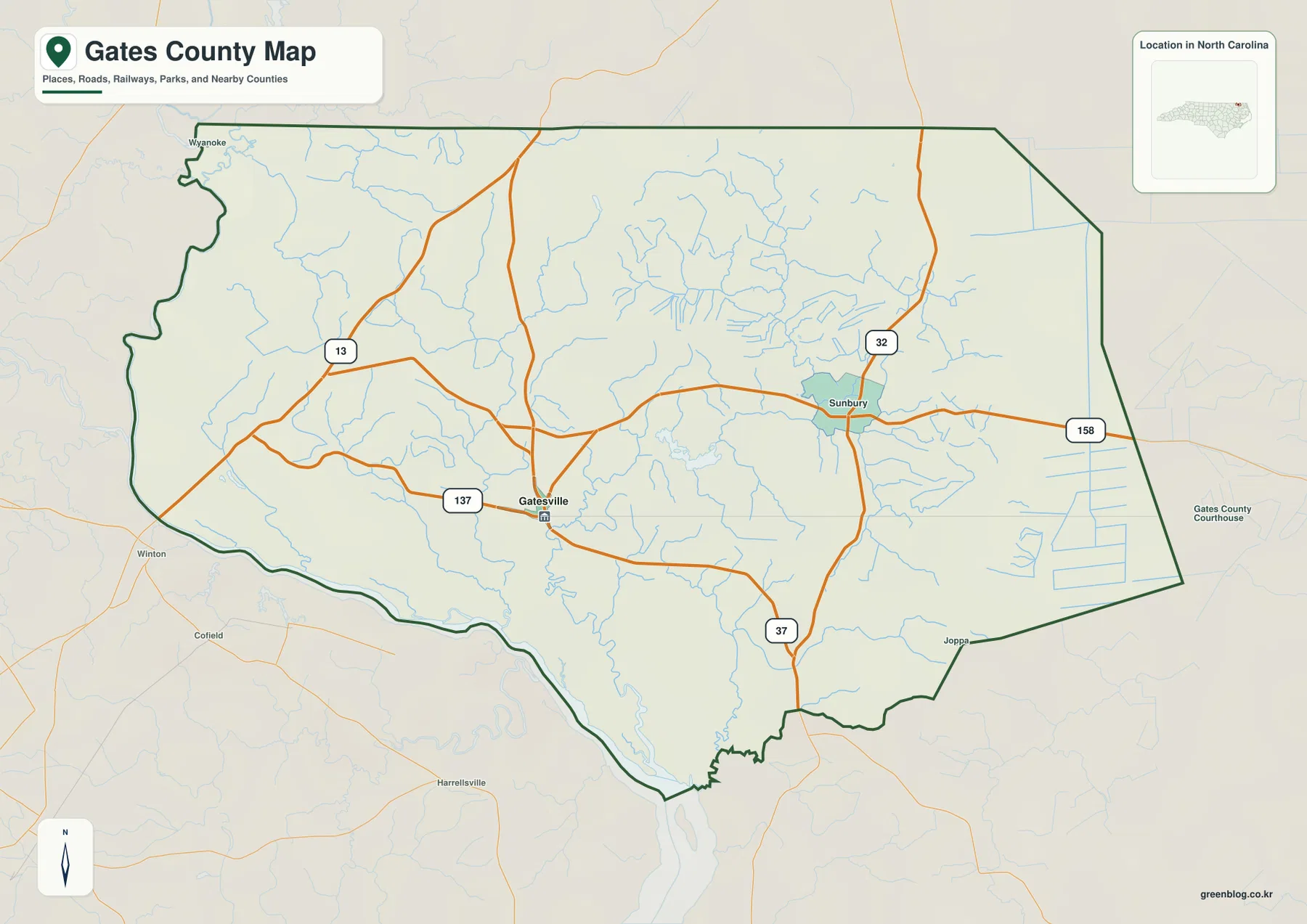 Gates County North Carolina map with Gatesville Sunbury US 13 US 158 NC 32 NC 37 and county boundary