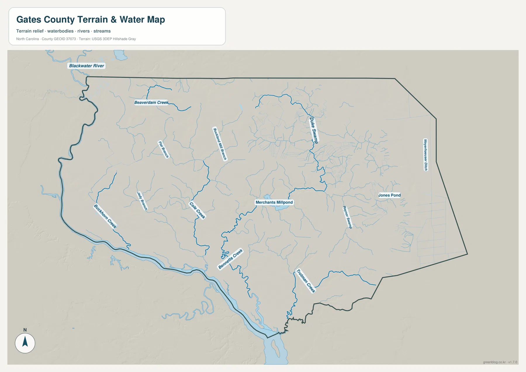 Gates County water map showing Merchants Millpond Bennetts Creek Beaverdam Creek swamps ponds and streams