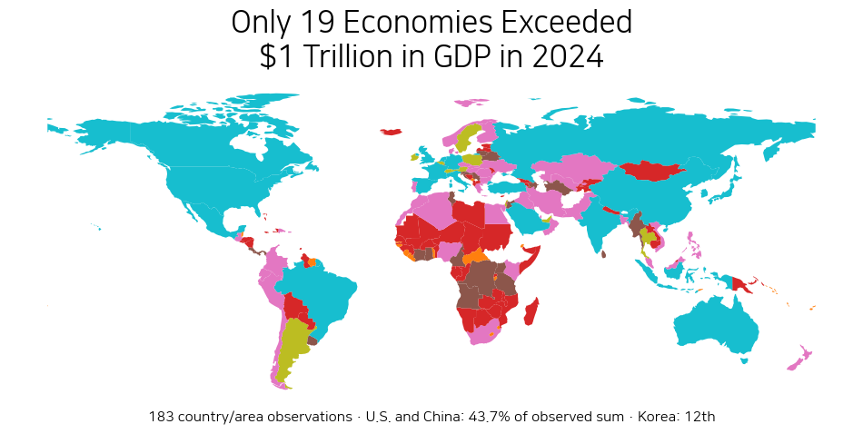 World map of 2024 GDP in current U.S. dollars highlighting economies above one trillion dollars