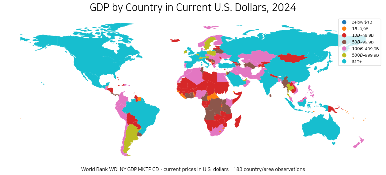 World map grouping 2024 GDP in current U.S. dollars by country-size bands