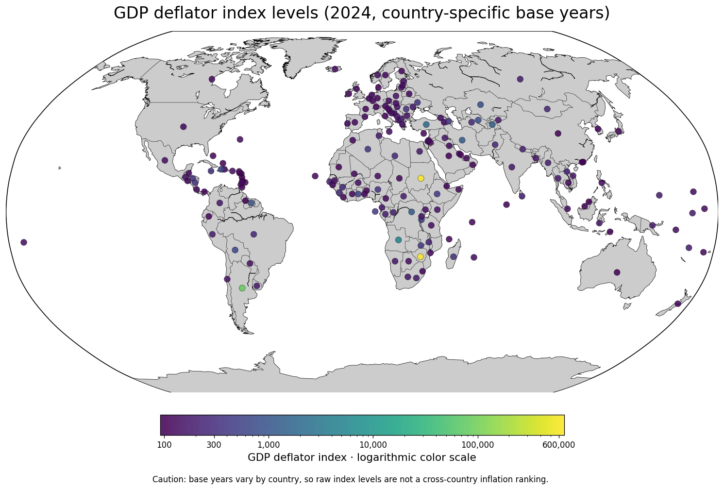 Map of raw 2024 GDP deflator index levels using country-specific base years