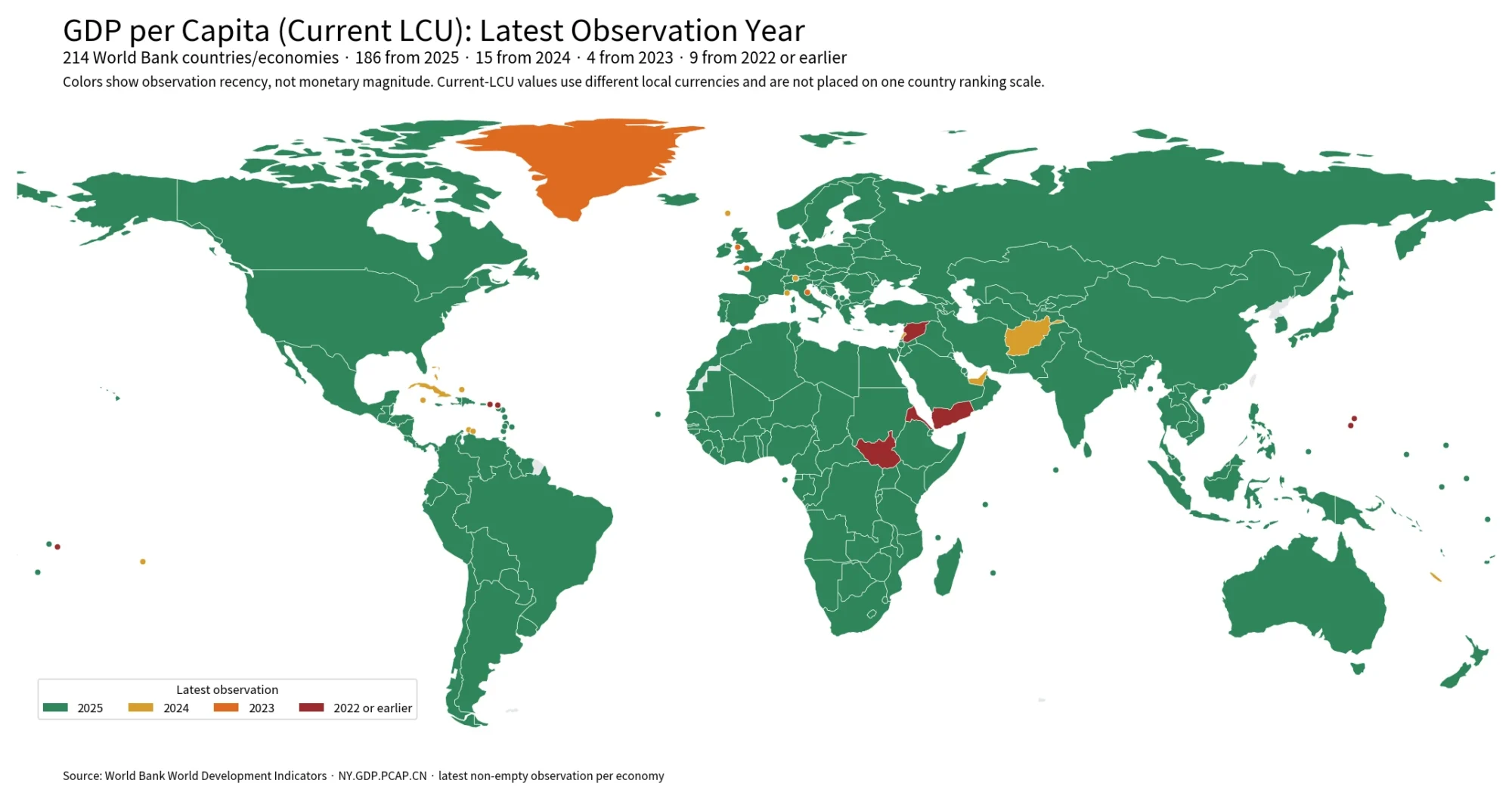 World map showing the latest observation year for GDP per capita in current LCU