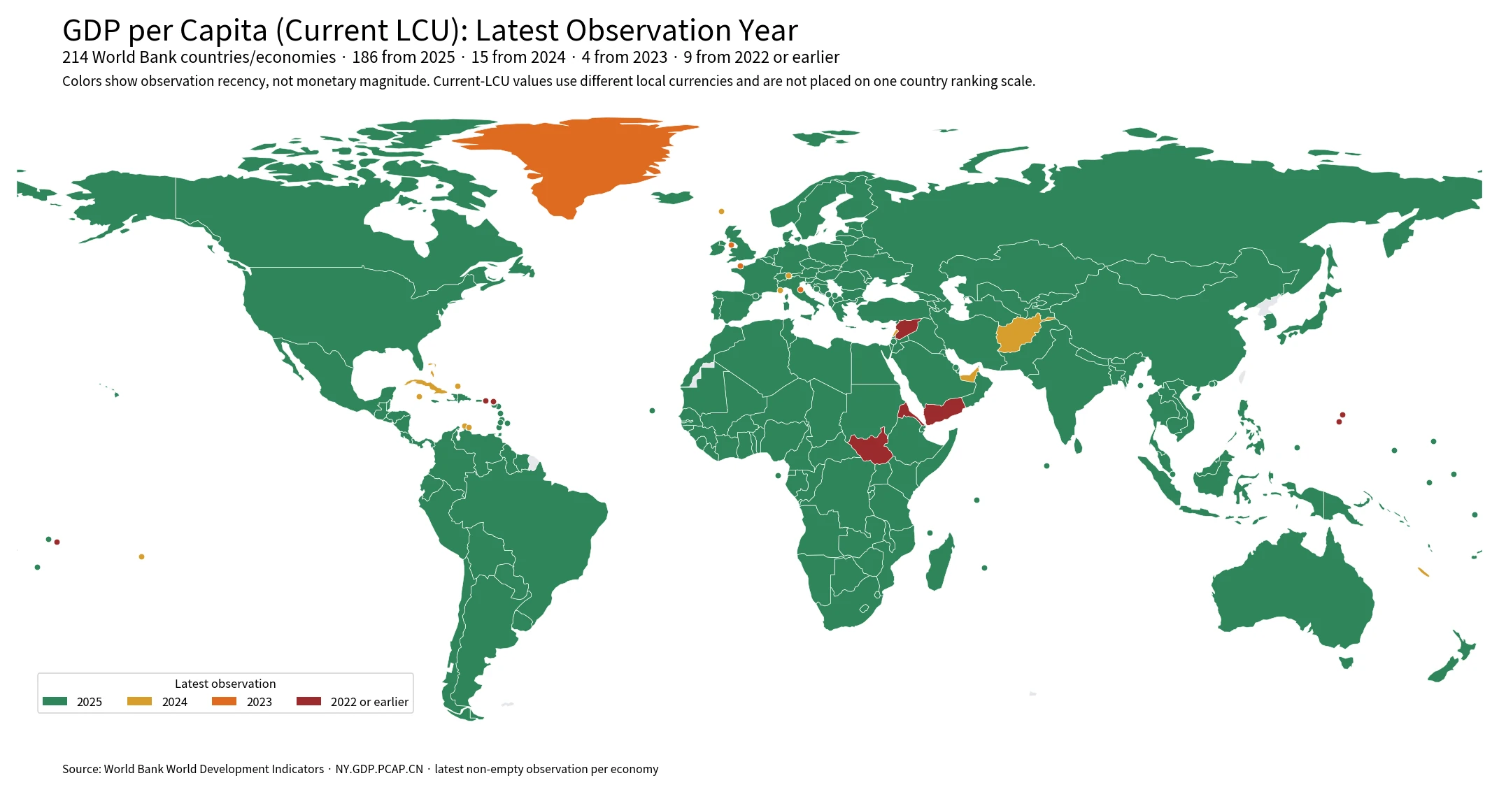 World map showing the latest observation year for GDP per capita in current LCU