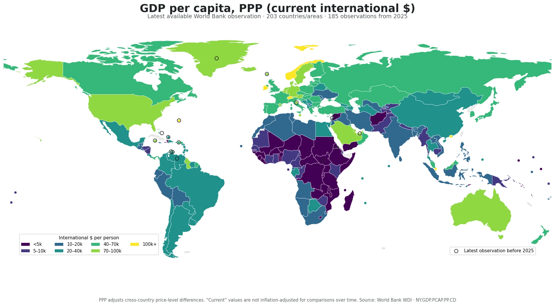 2025년 PPP 기준 1인당 GDP 지도 – 가격 수준을 반영한 국가별 비교