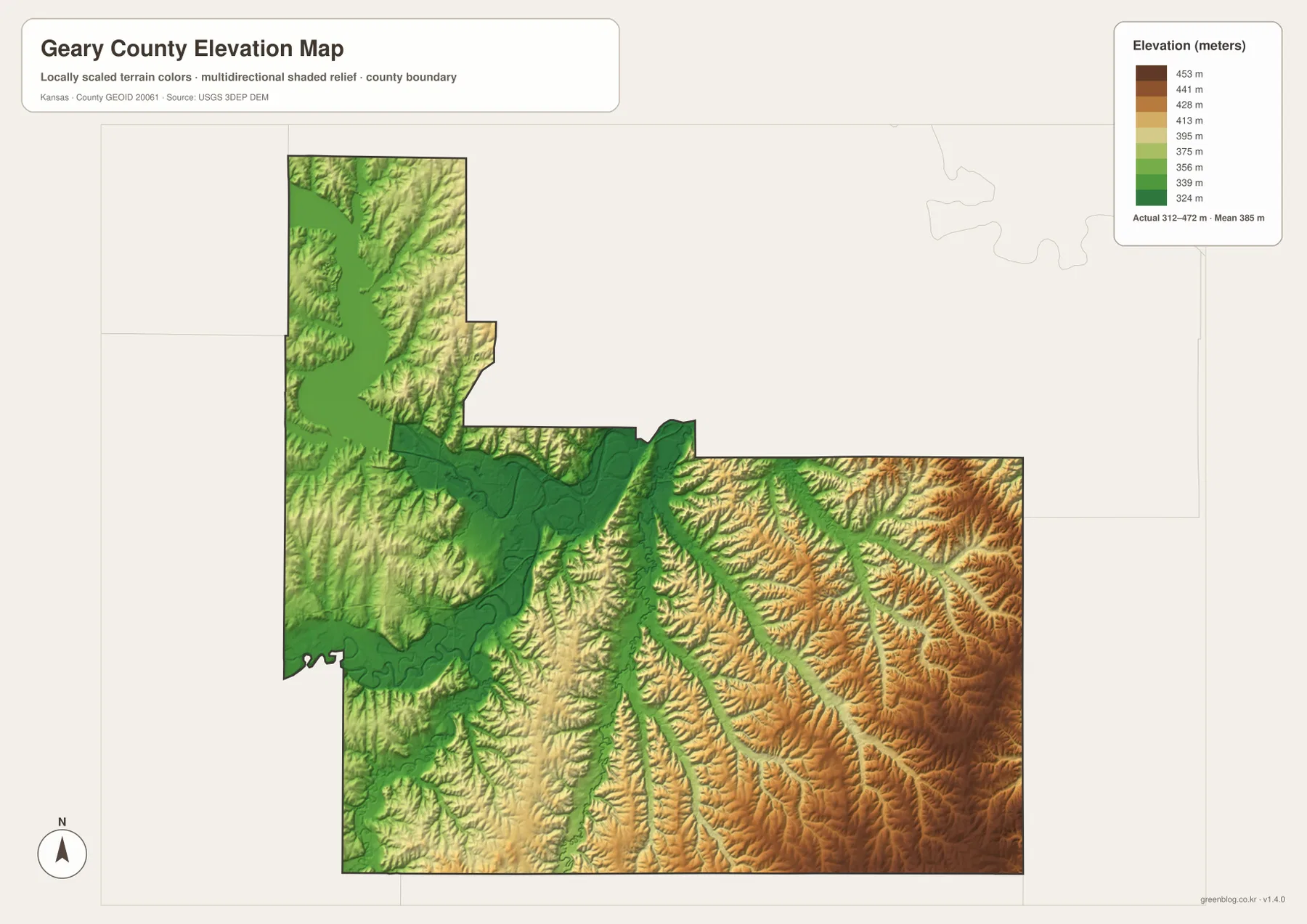 Geary County elevation map showing the 312–472 meter range, Milford Lake and river lowlands, and higher eastern Flint Hills ridges