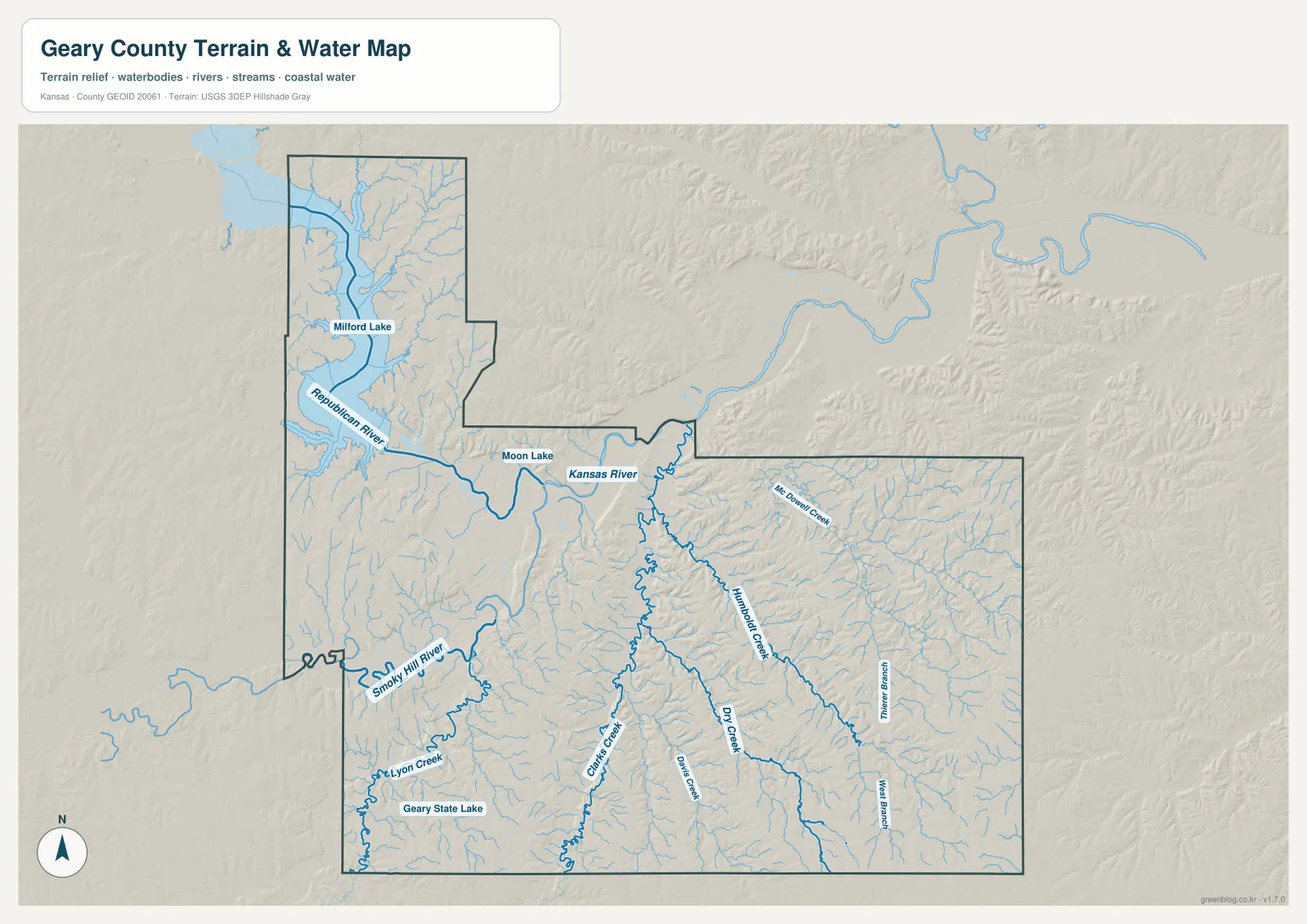 Geary County terrain and water map showing Milford Lake, Republican River, Smoky Hill River, Kansas River, Moon Lake, and major tributaries