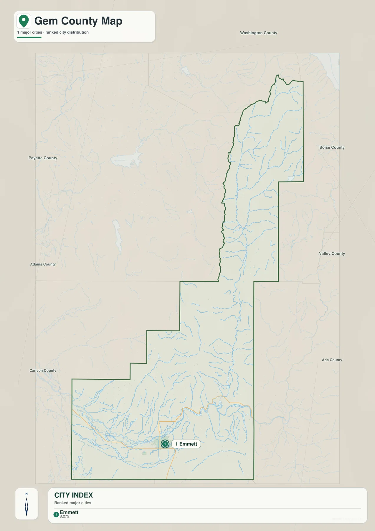 Gem County city distribution map with Emmett as the ranked major city and neighboring county labels