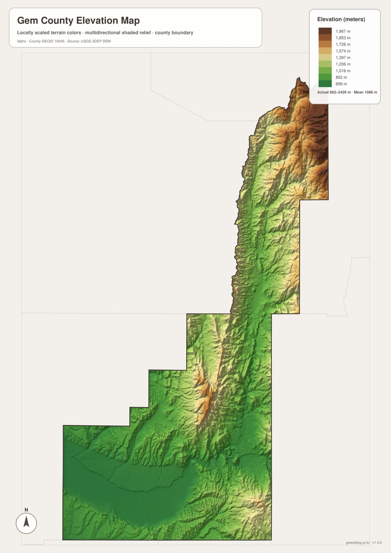 Gem County elevation map showing the low Emmett Valley in the south and much higher terrain to the north