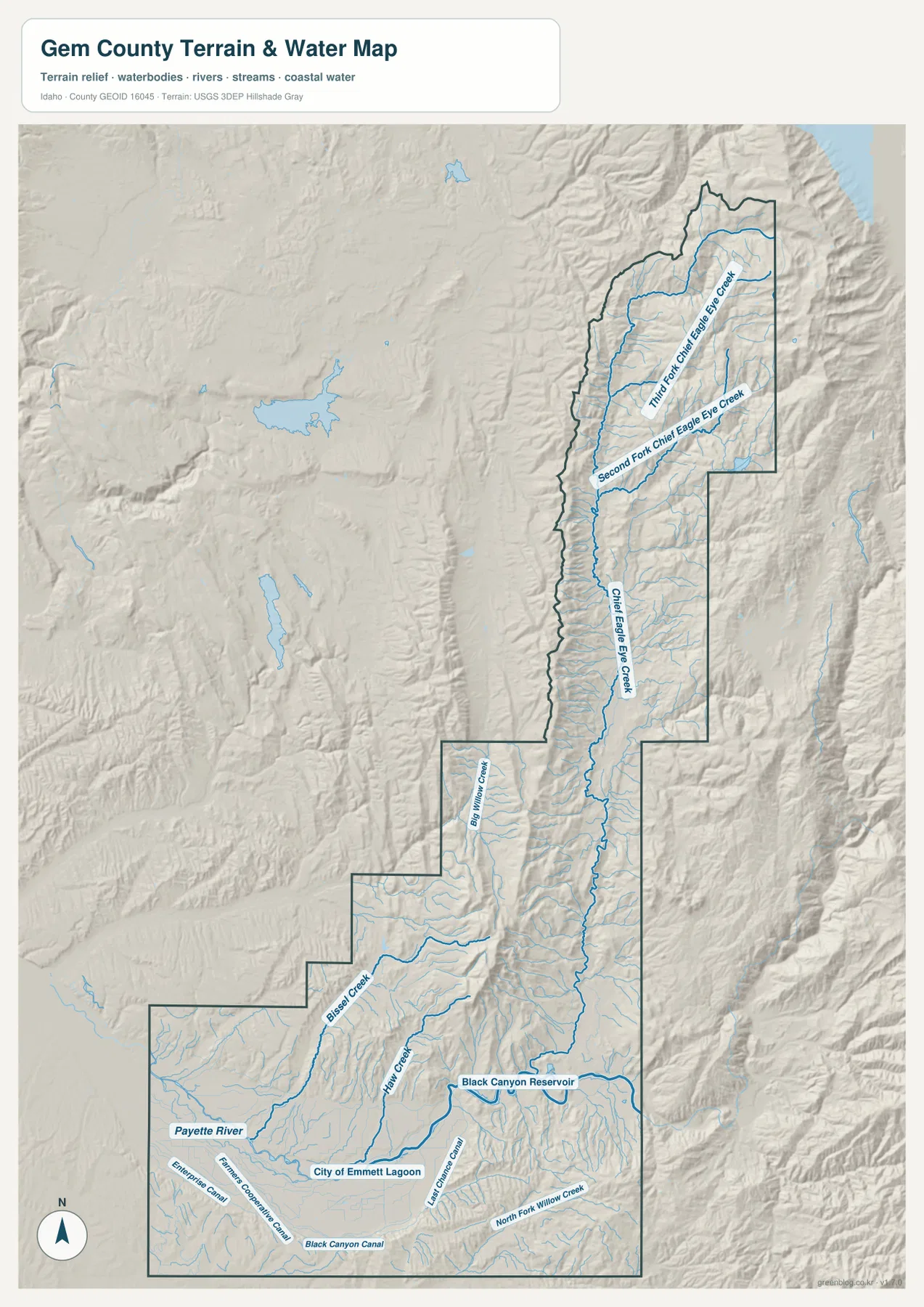 Gem County terrain and water map showing the Payette River, Black Canyon Reservoir, canals, and northern tributaries