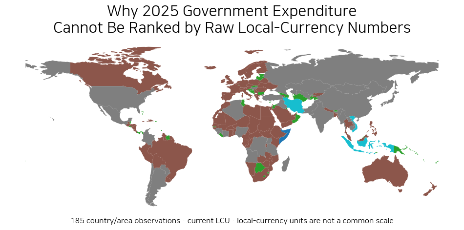 World map showing the numerical magnitude of 2025 general government expenditure in current local currency