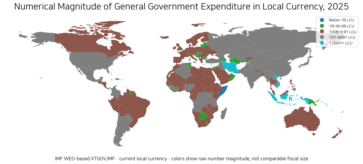 World map showing the numerical magnitude of 2025 general government total expenditure in current local currency