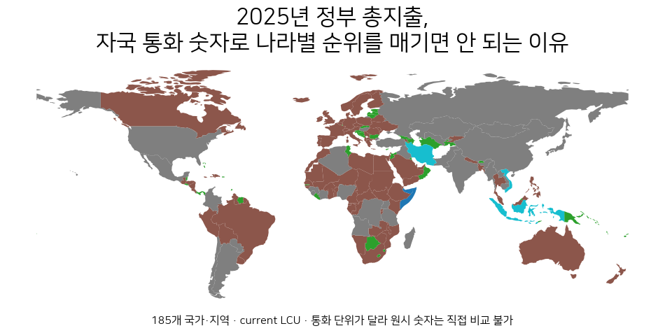 2025년 일반정부 총지출 current LCU를 자국 통화 숫자의 자릿수로 표시한 세계 지도