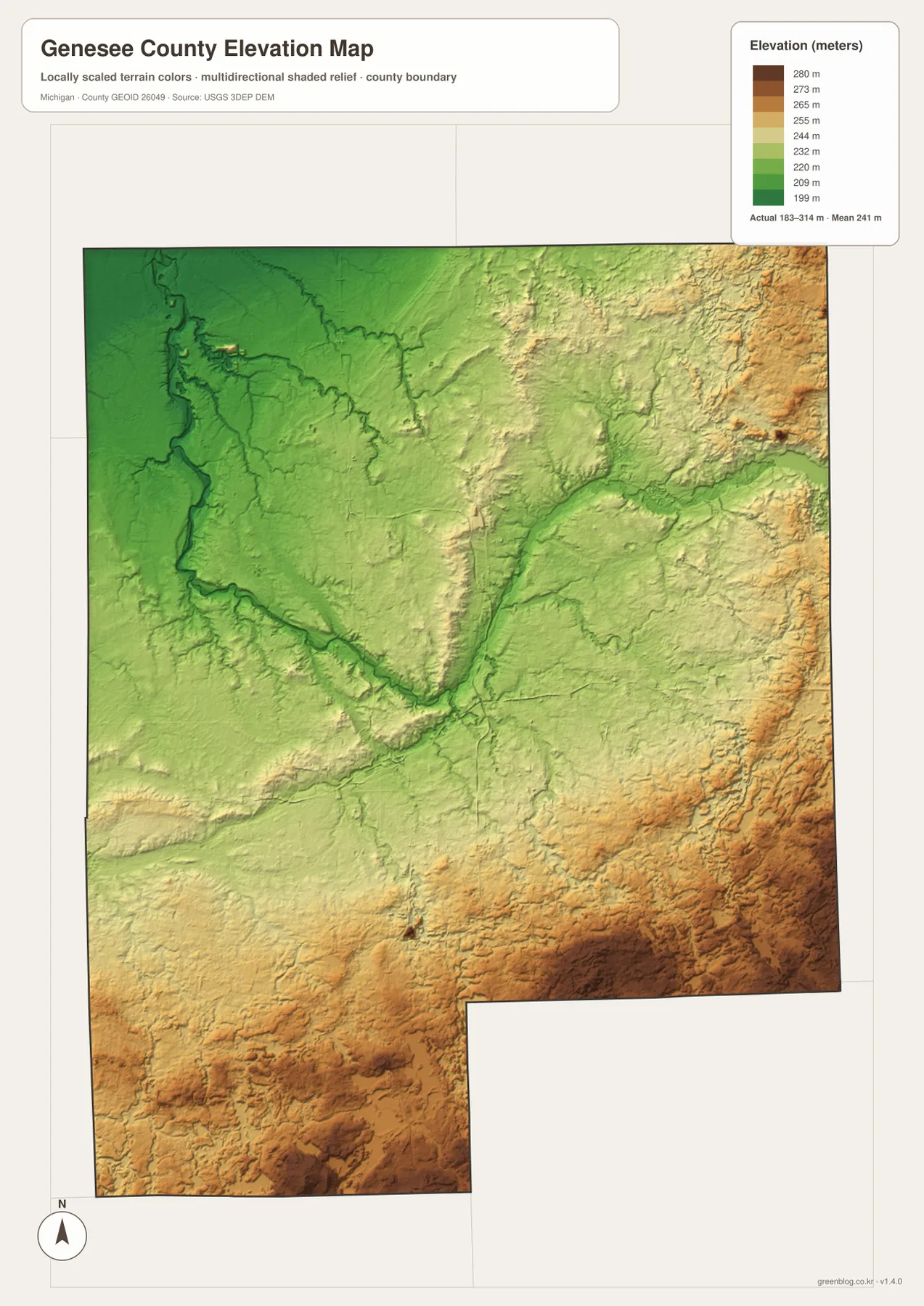 Genesee County Michigan elevation map showing low Flint River corridors and higher southern and southeastern terrain