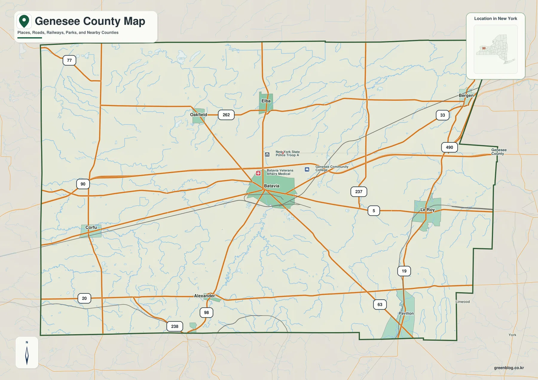 뉴욕주 제네시 카운티(Genesee County) 지도 – Batavia 중심 I-90 농촌 지대와 Oak Orchard·Tonawanda Creek